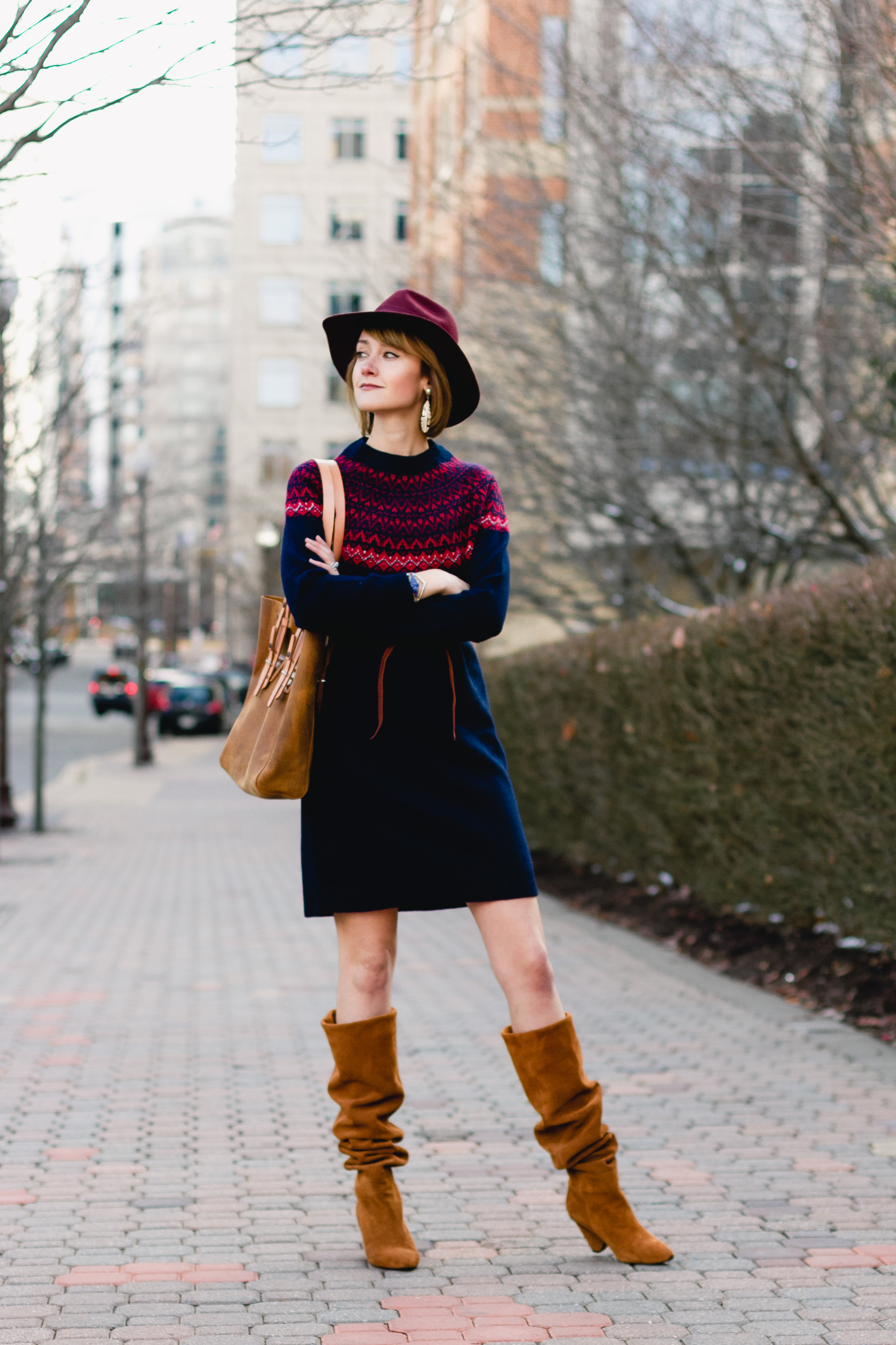 Woolovers fair isle dress and Jeffrey Campbell slouchy boots