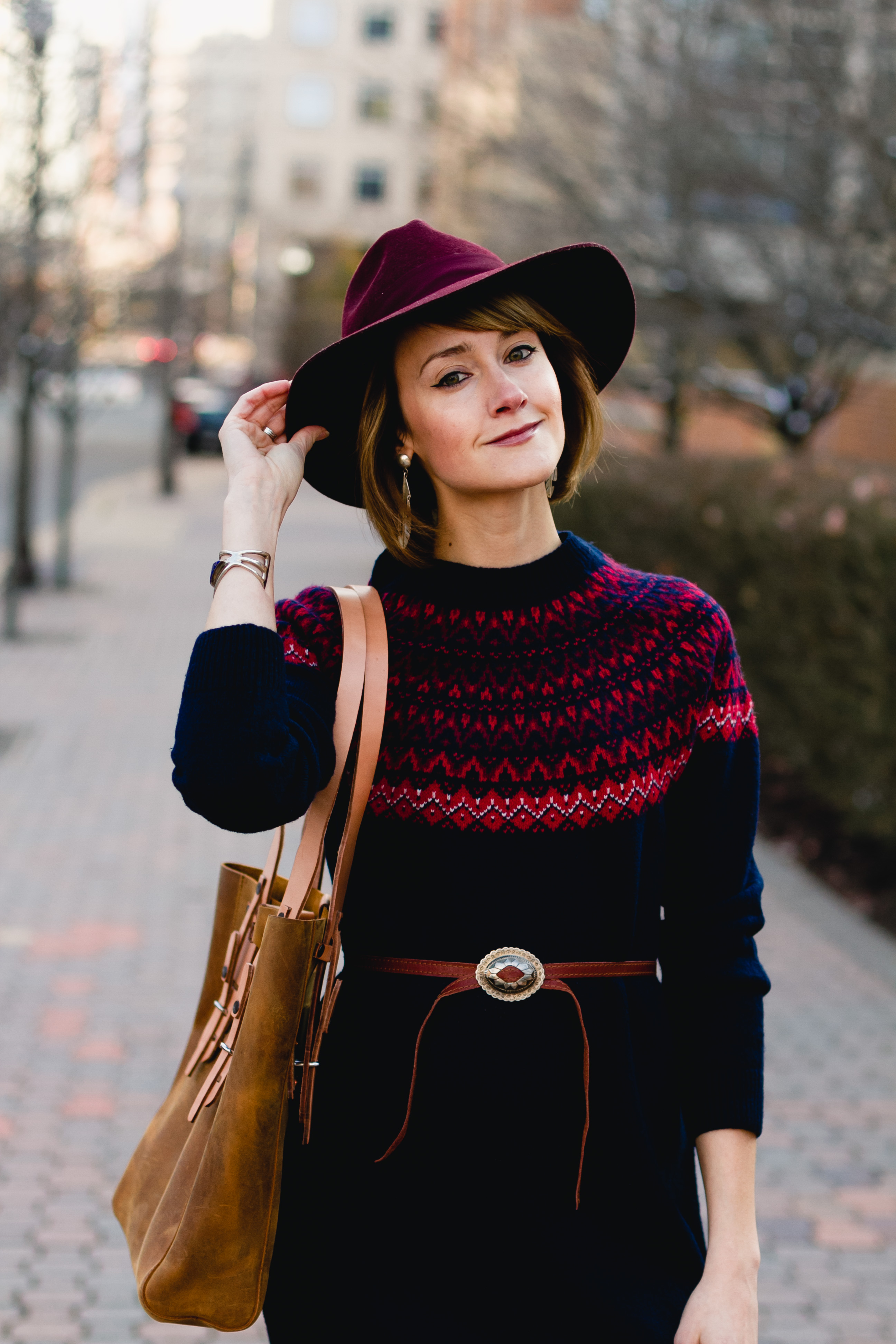 Woolovers fair isle dress and red fedora