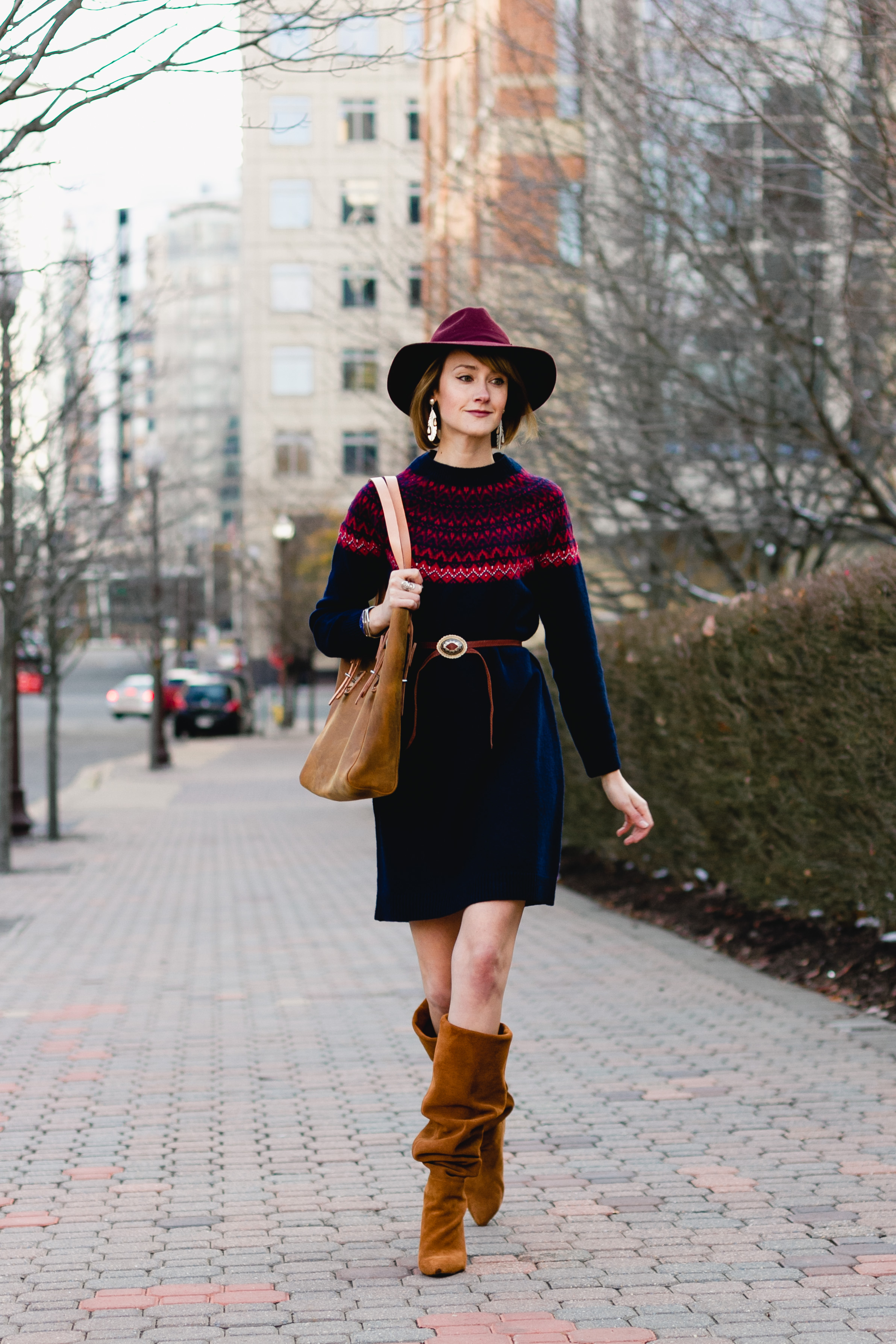 Woolovers fair isle dress and Jeffrey Campbell slouchy boots