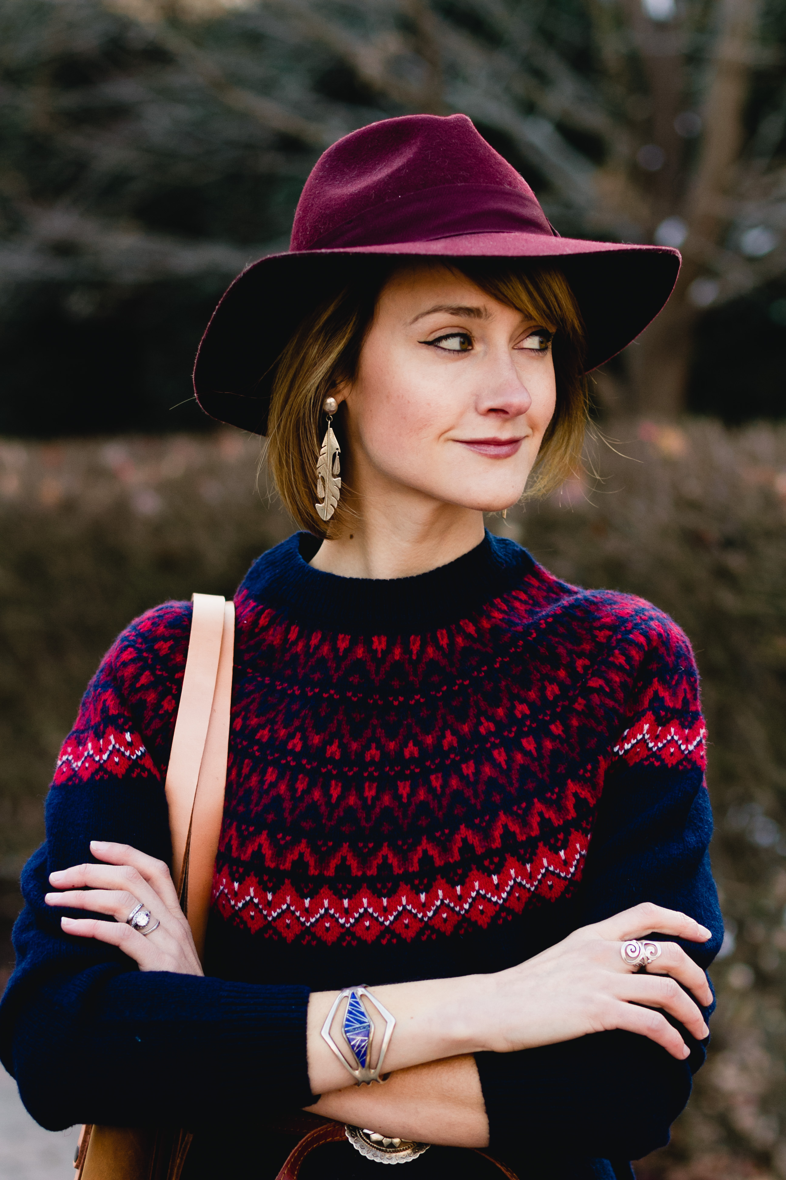 Woolovers fair isle dress and red fedora