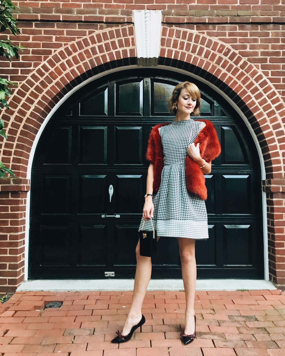 Oasis jacquard dress and J.Crew faux fur stole