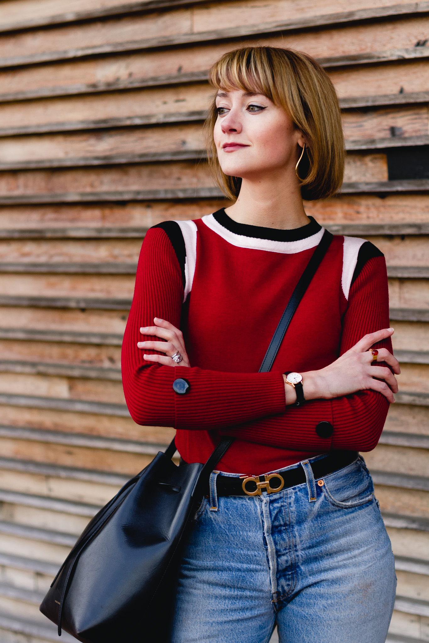 Marni sweater, Ferragamo belt, and Mansur Gavriel bag