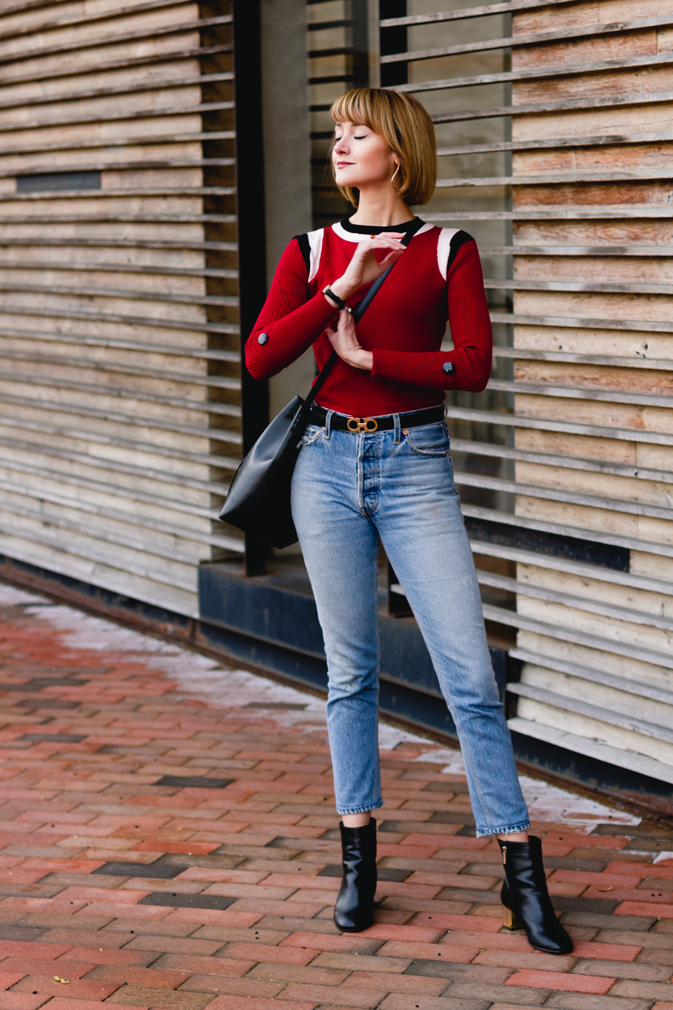 Marni sweater, RE/DONE jeans, and Mansur Gavriel bag