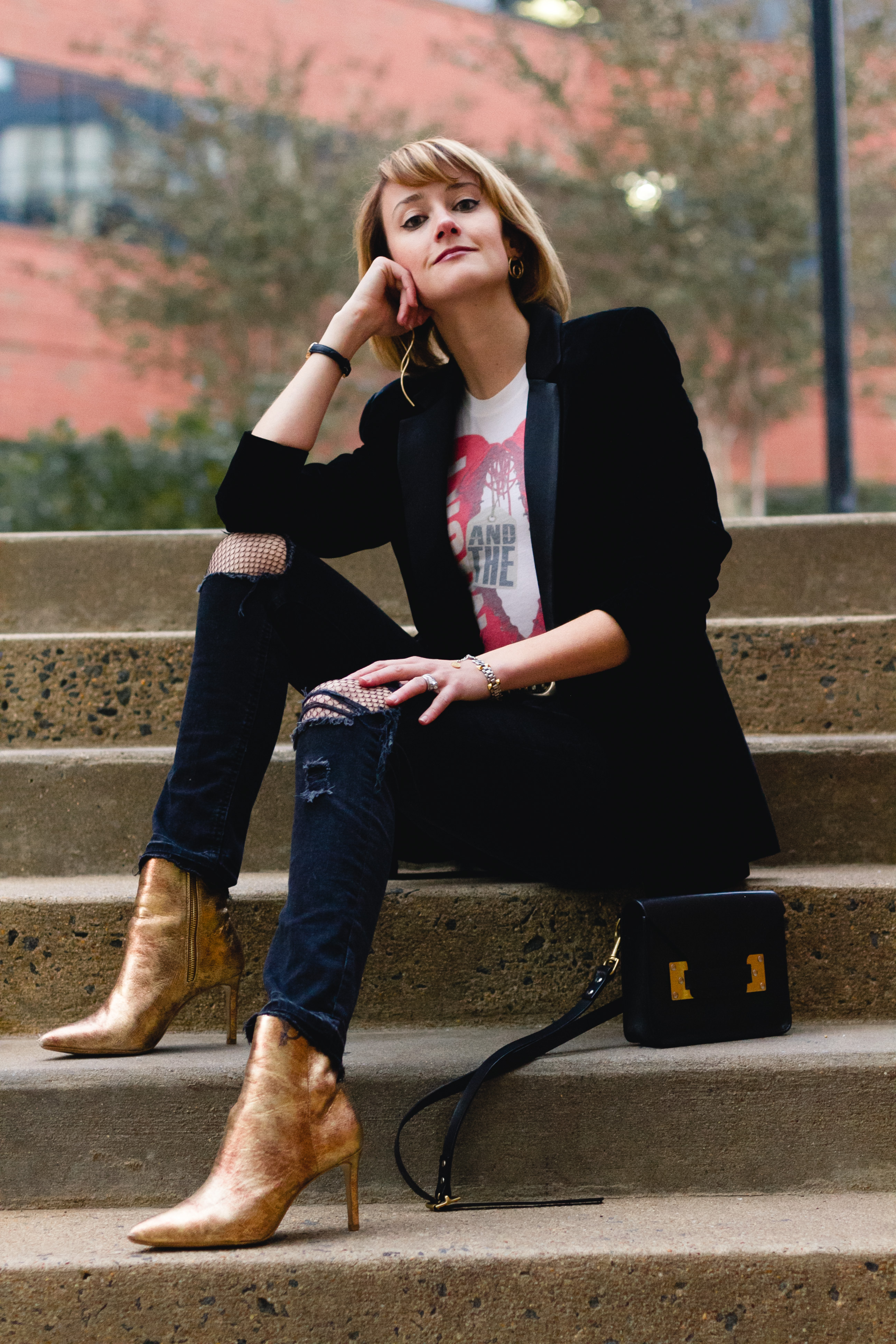 Mango velvet blazer, ripped jeans, and gold boots