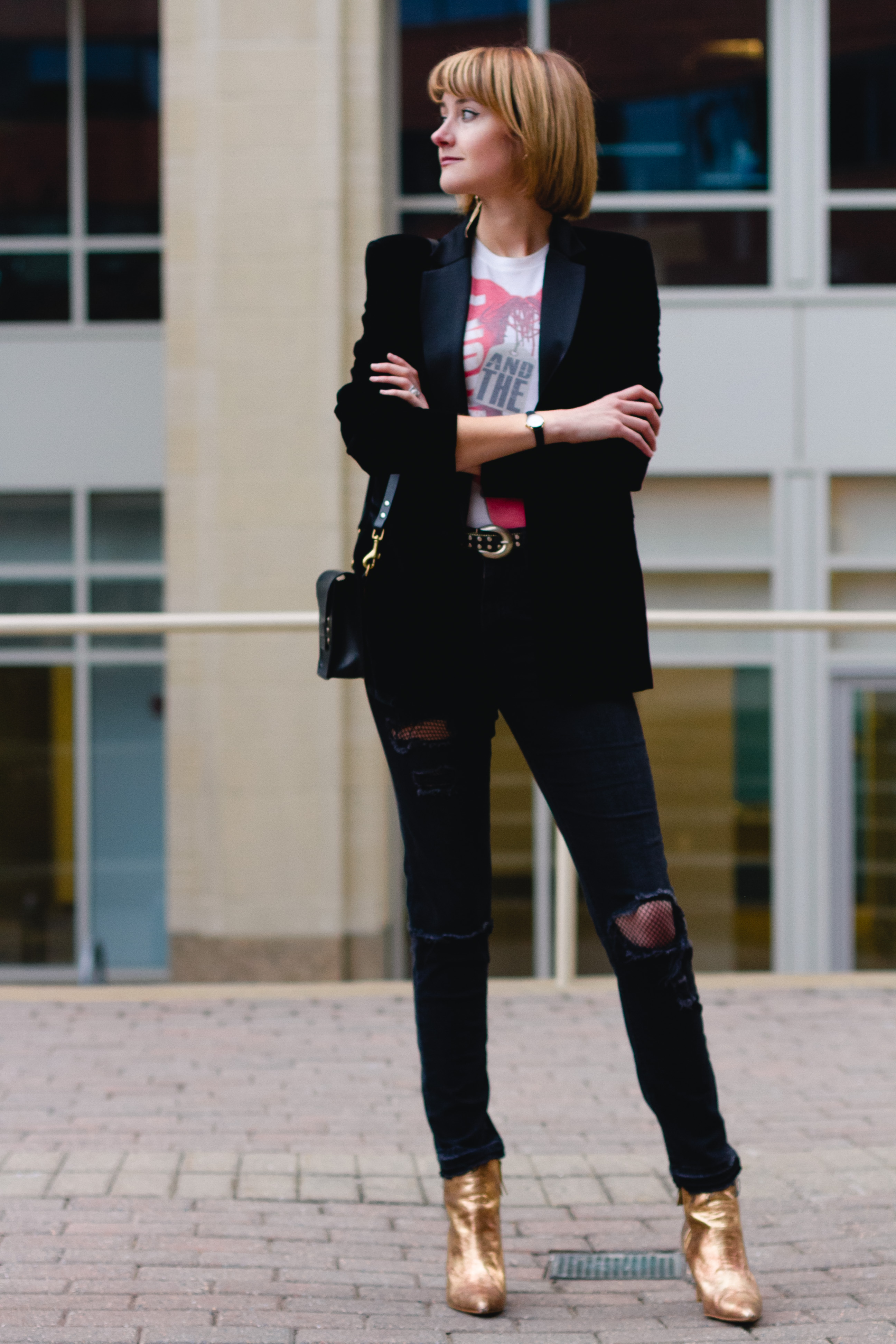 Mango velvet blazer, ripped jeans, and gold boots