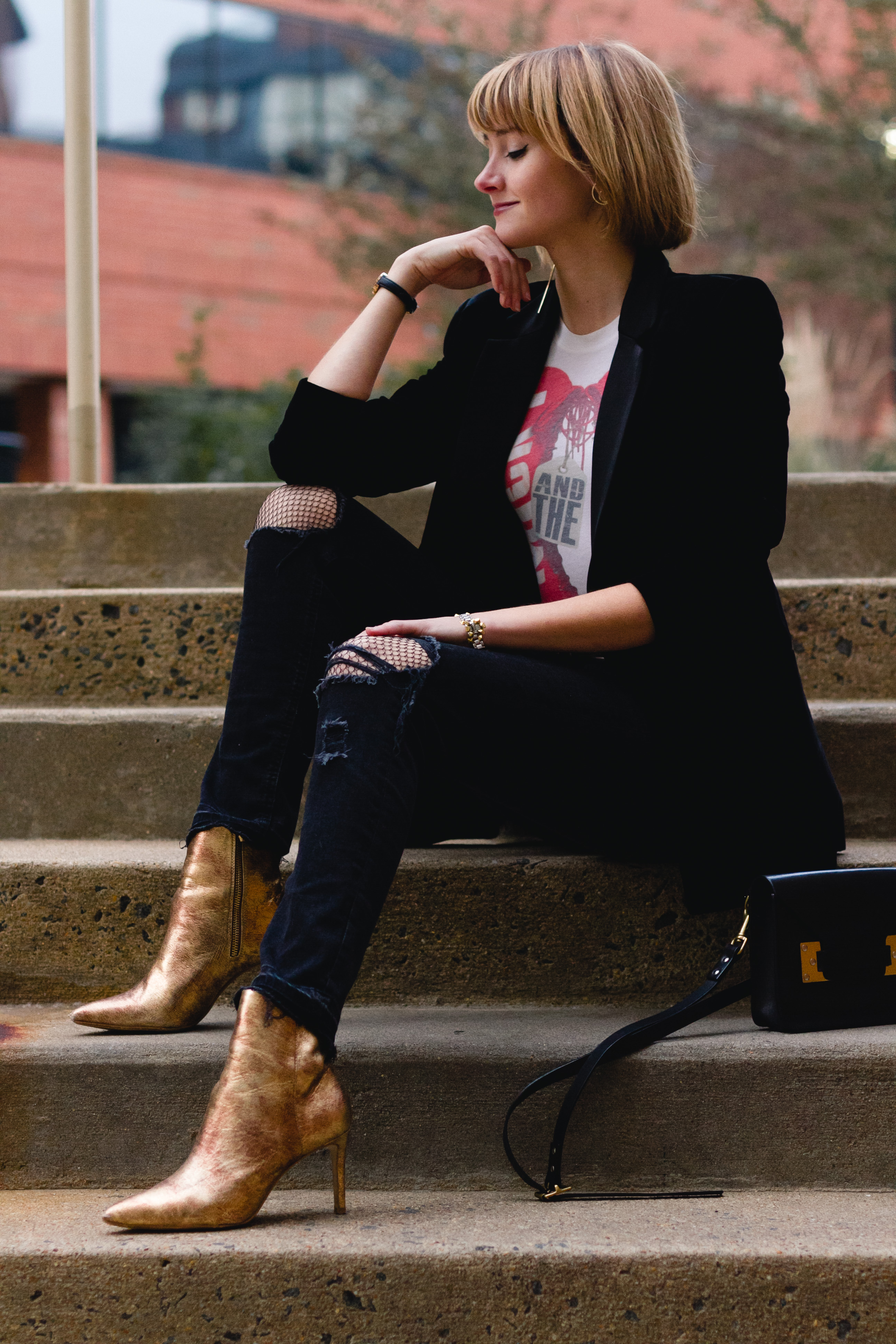 Mango velvet blazer, ripped jeans, and gold boots