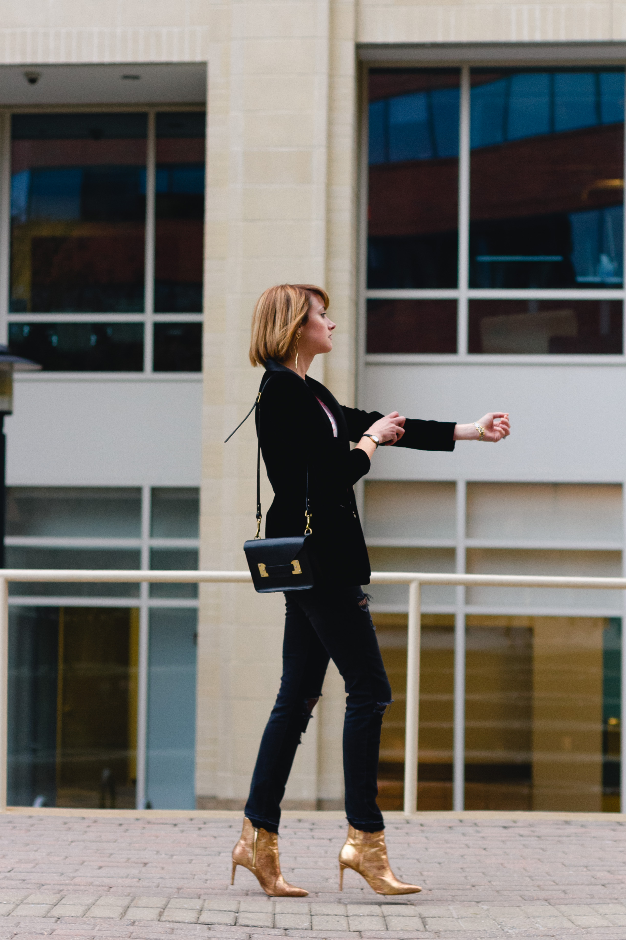 Mango velvet blazer, ripped jeans, and gold boots