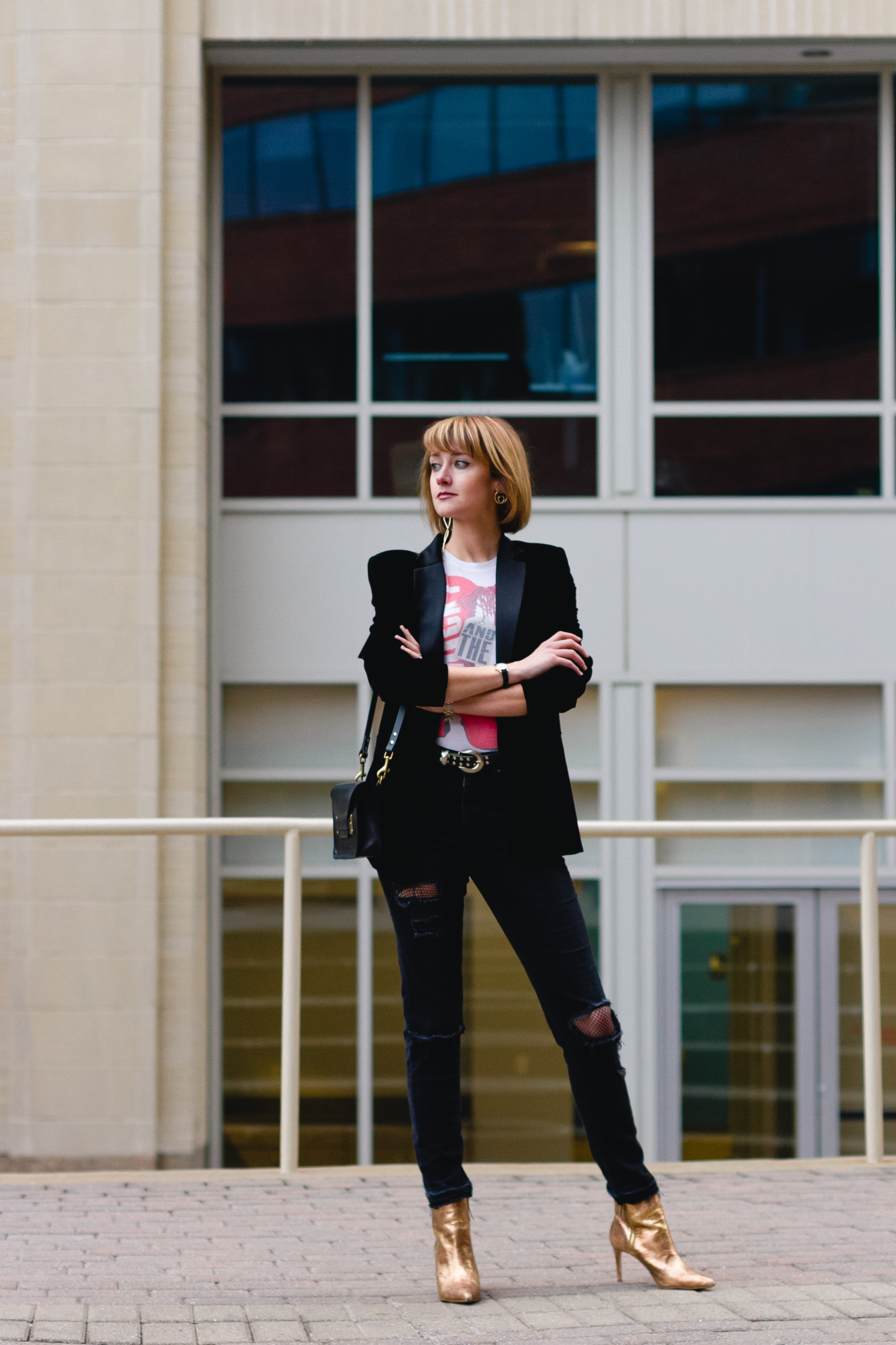 Mango velvet blazer, ripped jeans, and gold boots