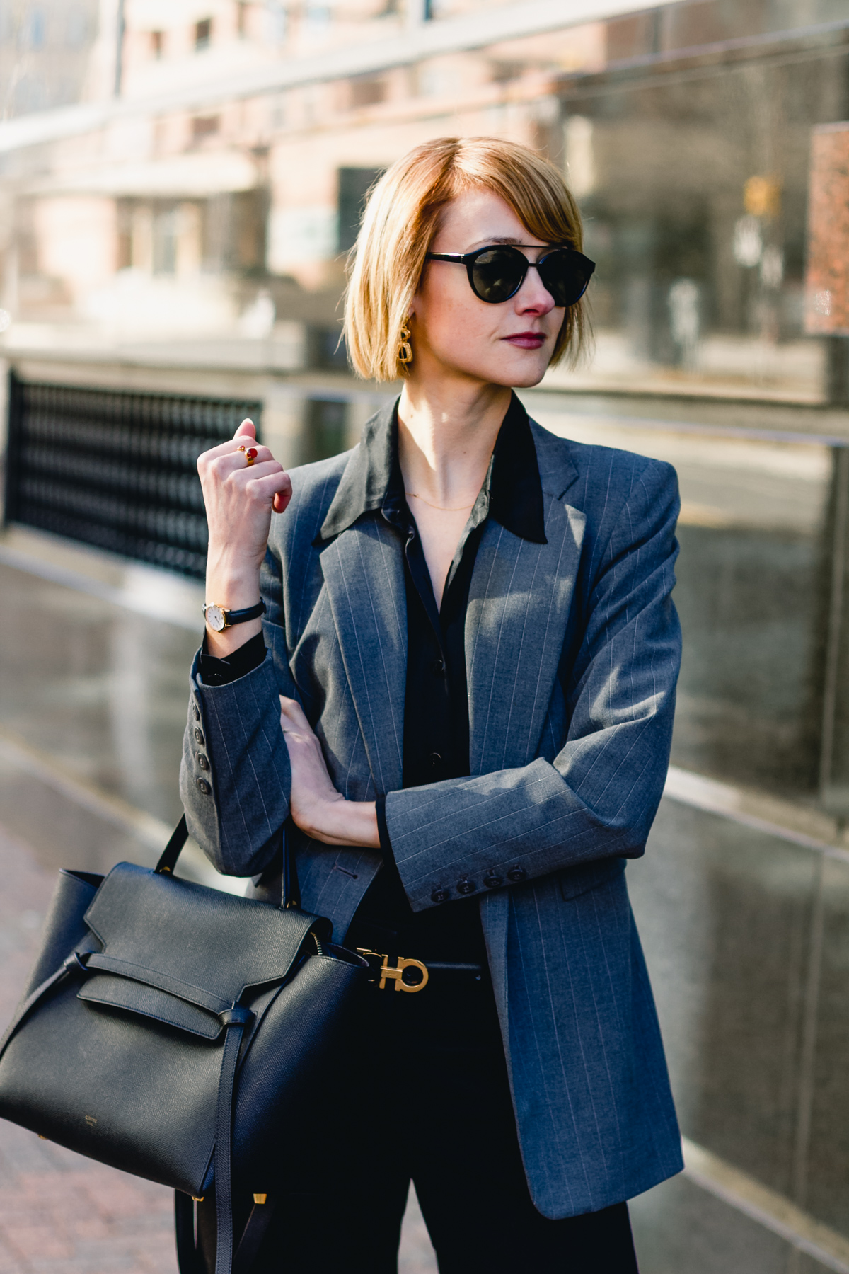 gray Express blazer, satin Equipment top, and Celine belt bag