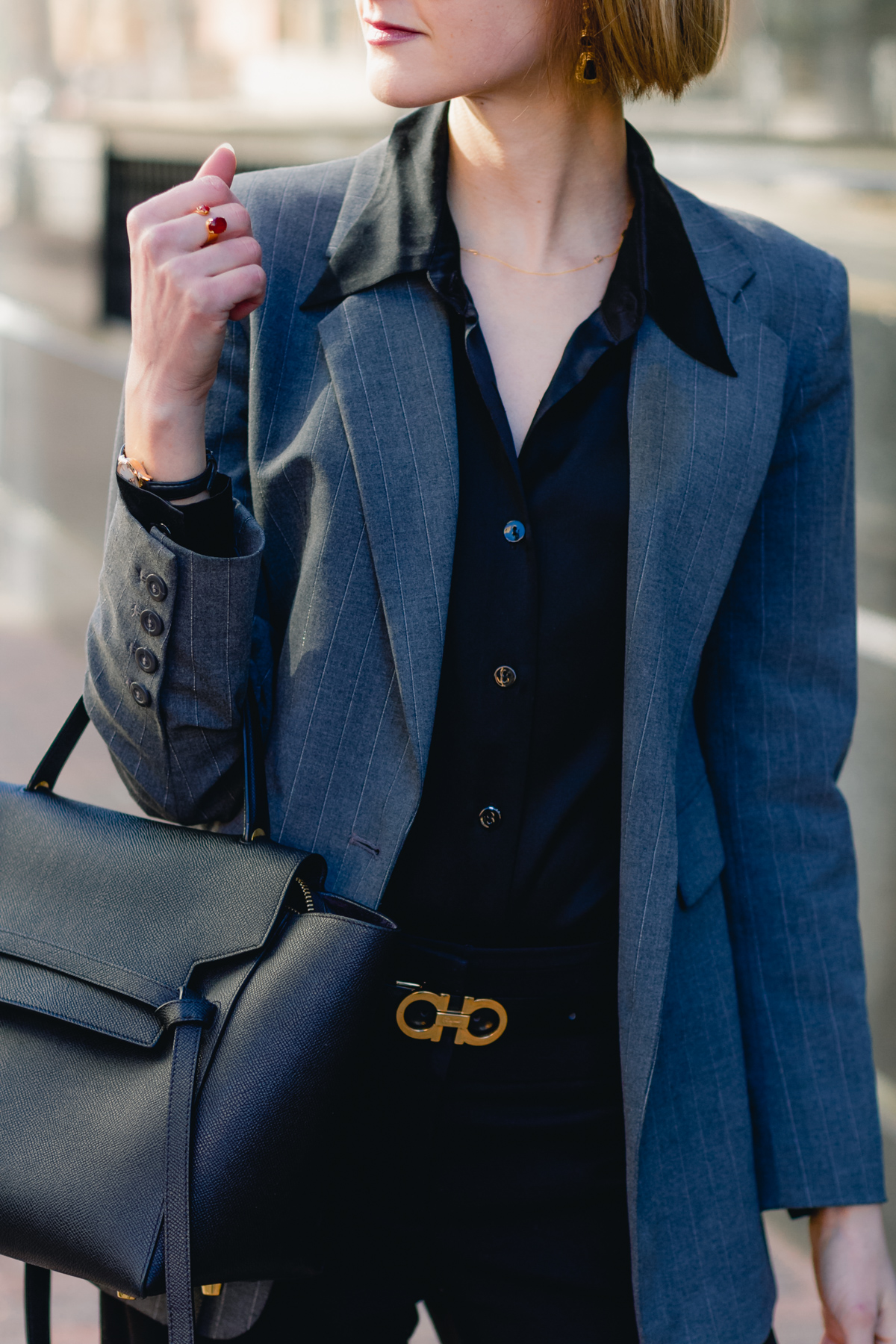 gray Express blazer, satin Equipment top, and Ferragamo belt