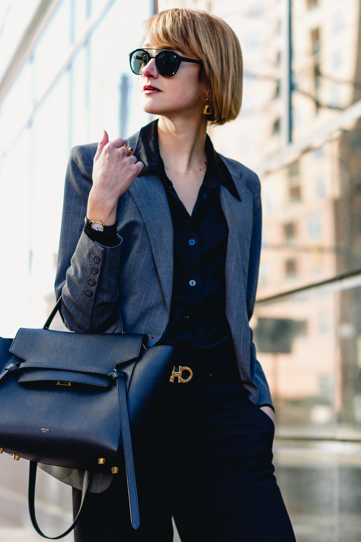 gray Express blazer, satin Equipment top, and Celine belt bag