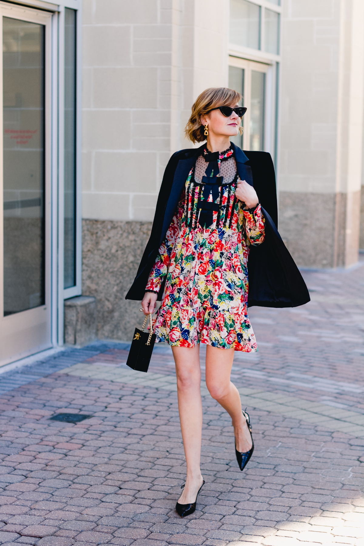 Ganni dress, Mango velvet blazer, and vintage bag