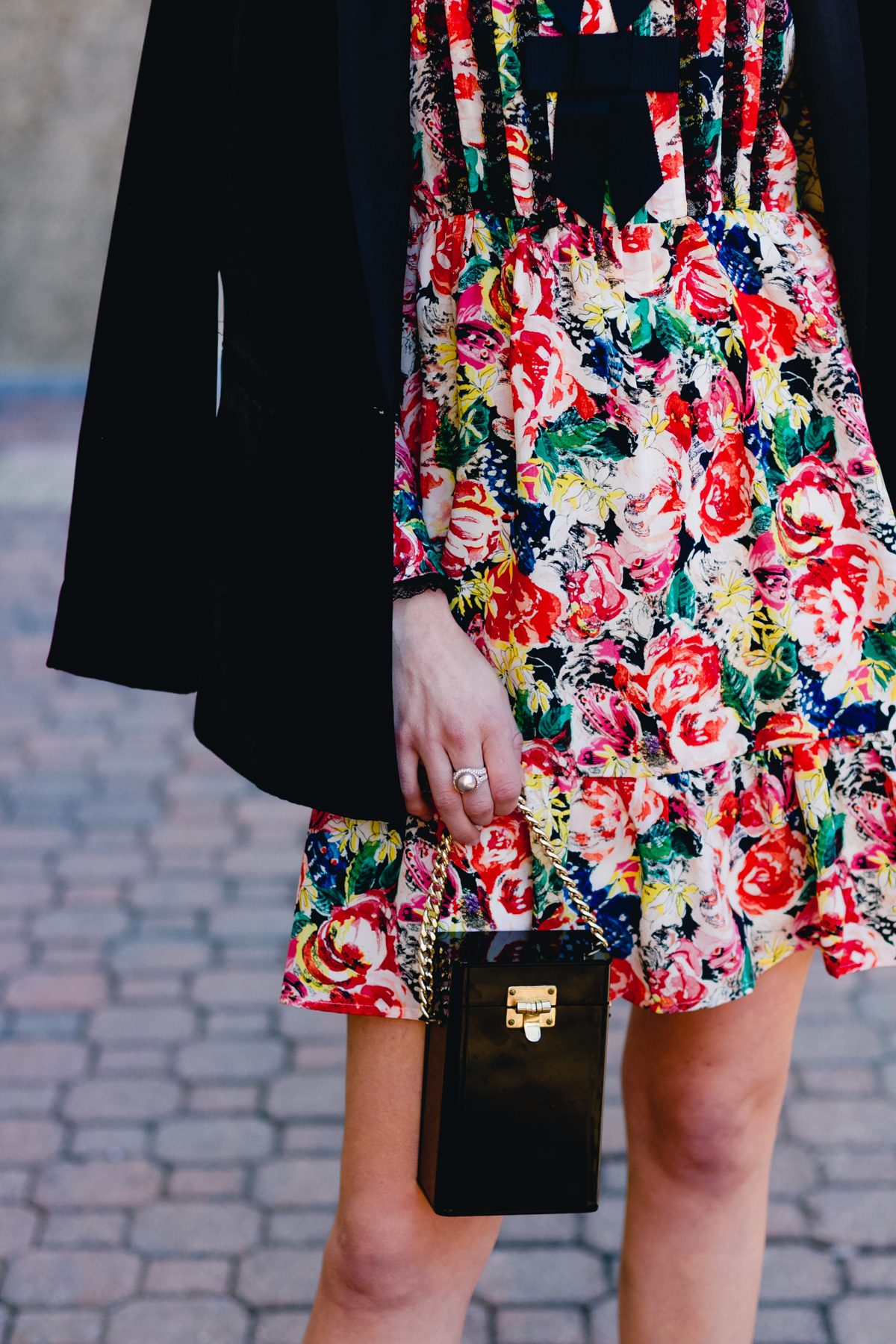 Mango velvet blazer, Ganni dress, and vintage box bag