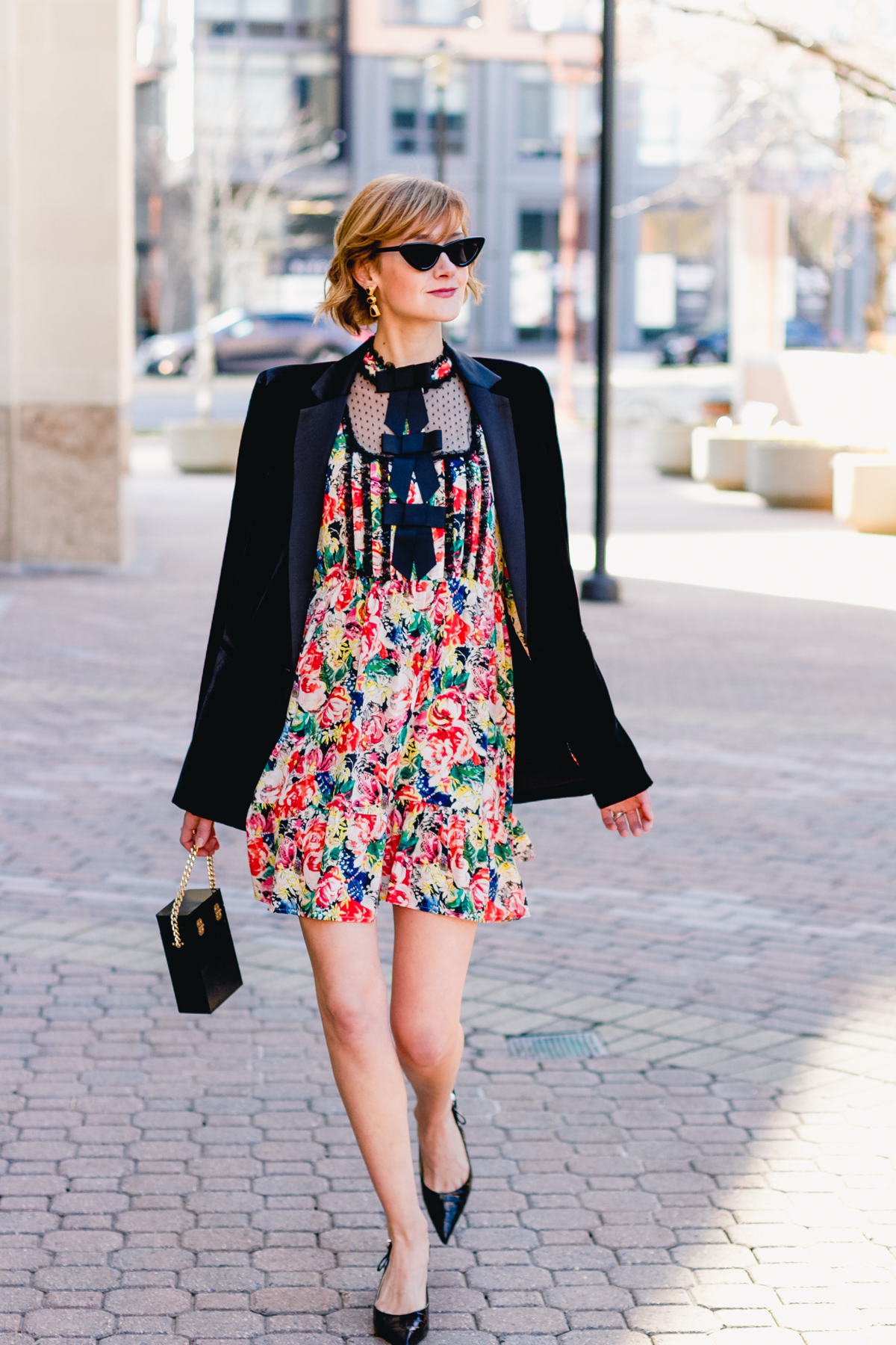 Ganni dress, Mango velvet blazer, and vintage bag