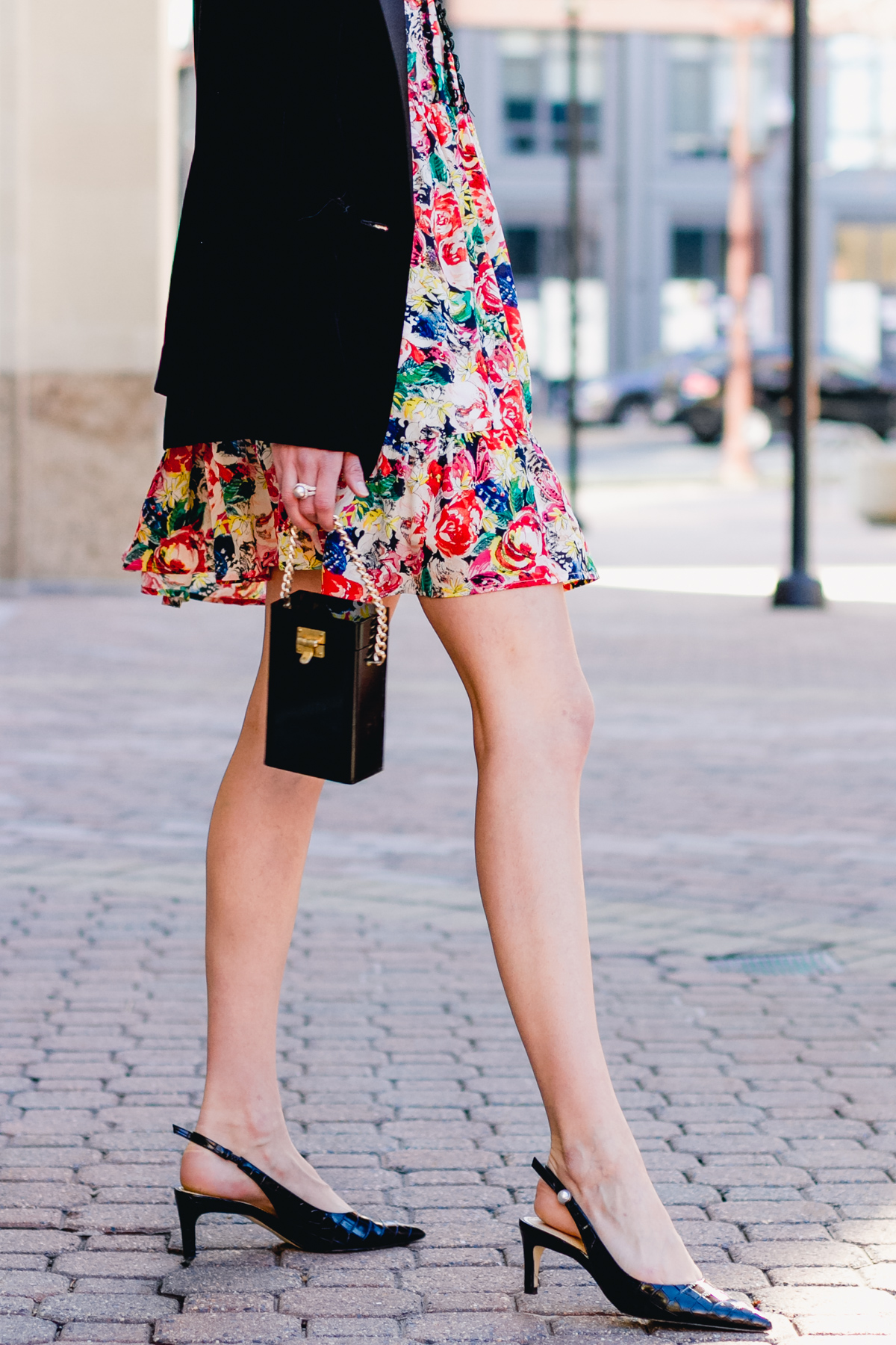 Mango velvet blazer and Zara pearl sling-backs