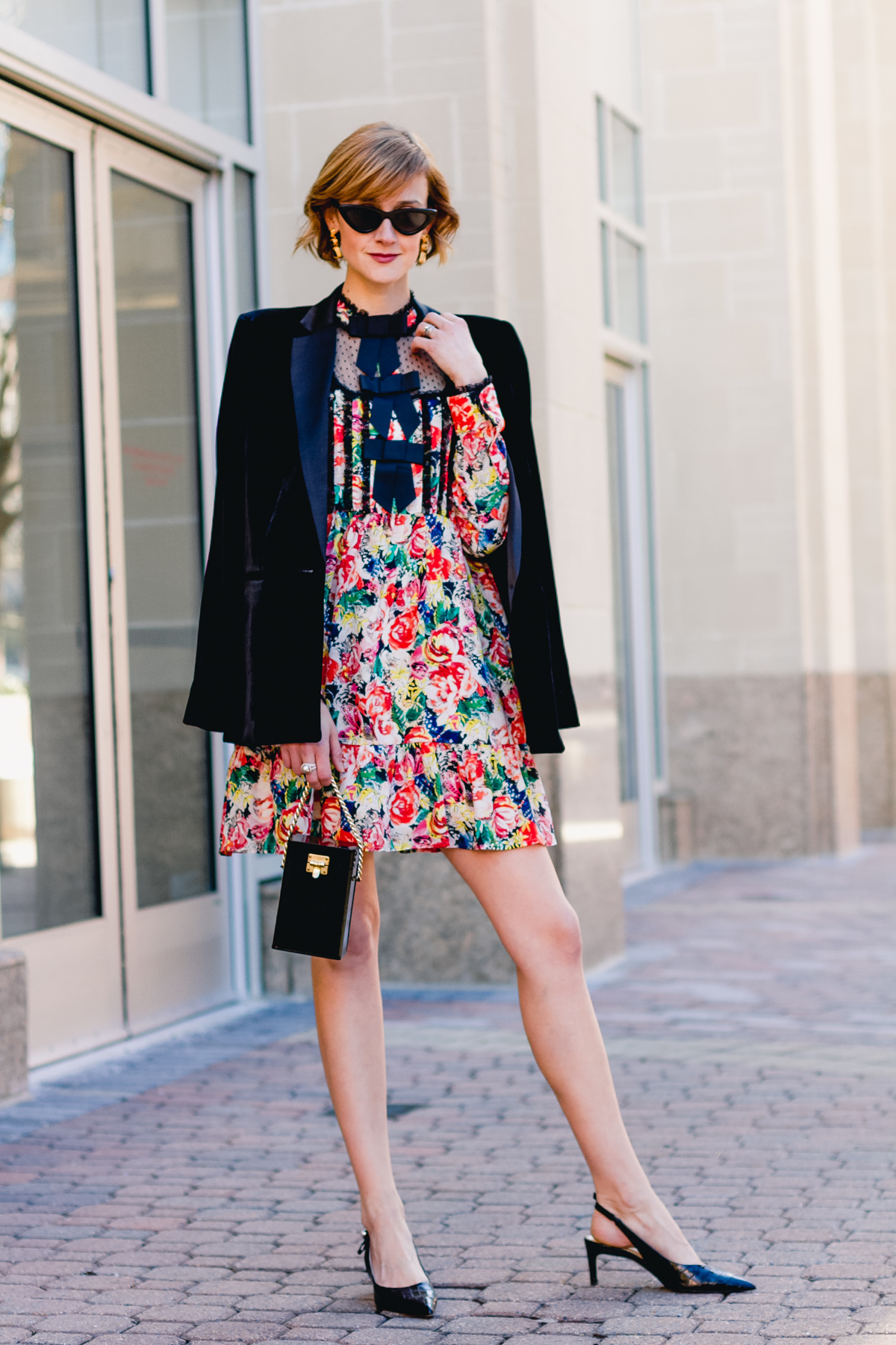 Ganni dress, Mango velvet blazer, and vintage bag