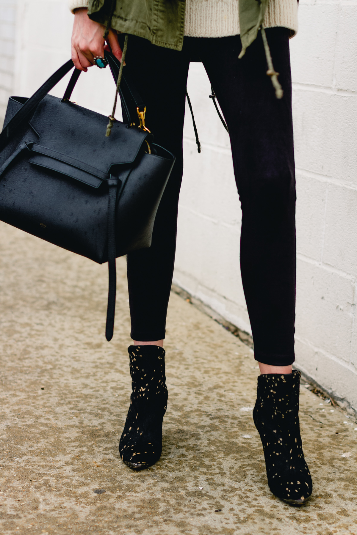 Celine bag, suede leggings, and Sigerson Morrison boots