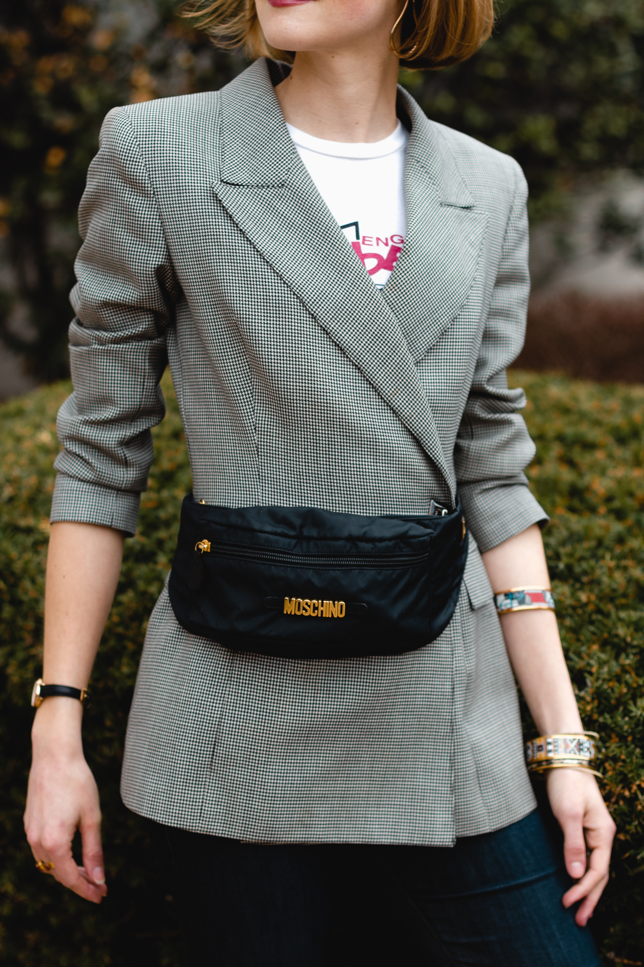 vintage blazer and Moschino belt bag