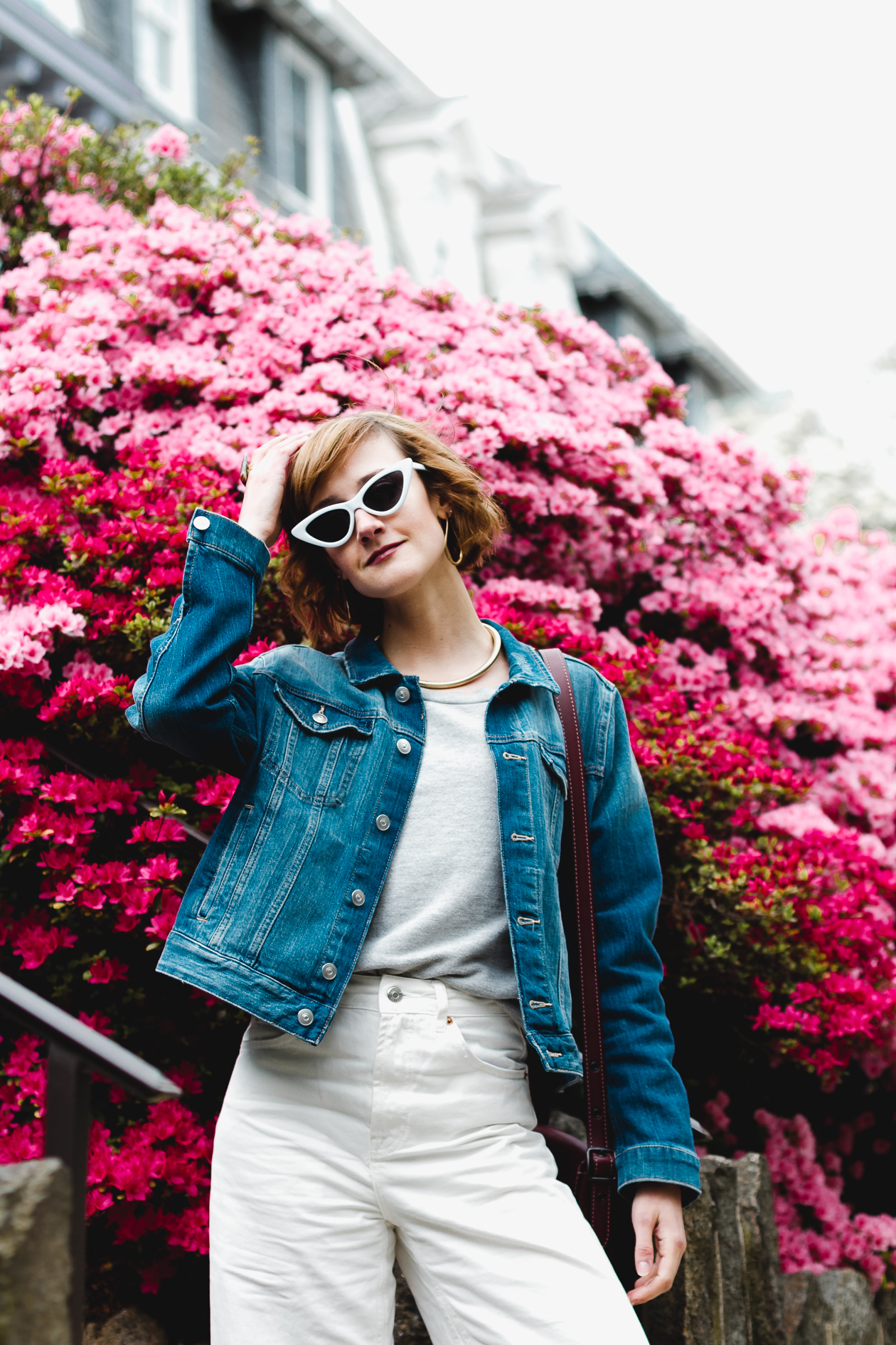 BP cat eye sunglasses and Topshop white jeans