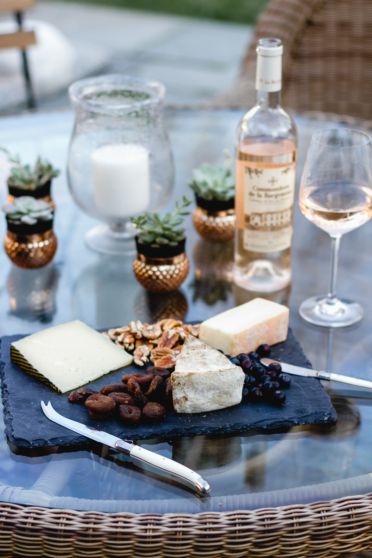 cheese board and rosé wine