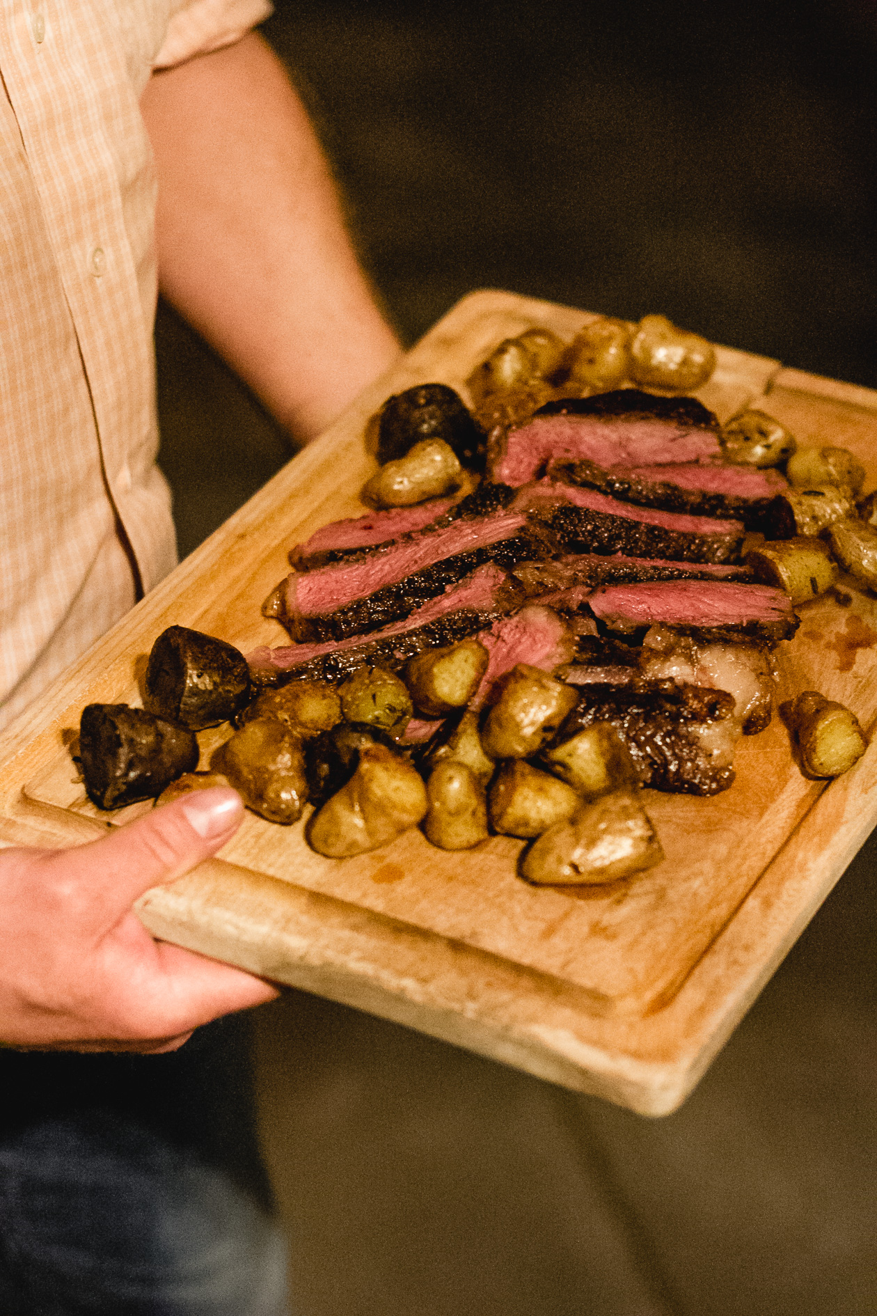 cast iron-seared steak with shallot butter sauce and beef fat fried potatoes