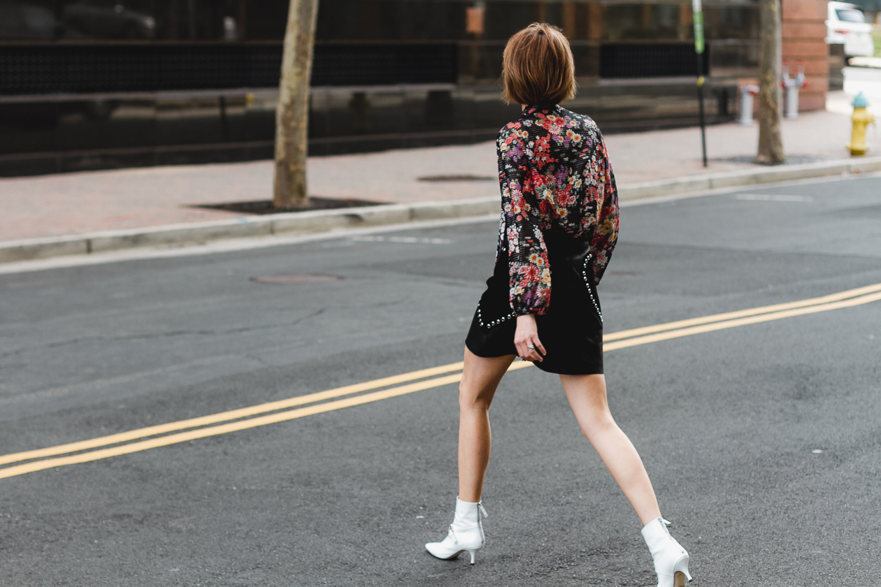 Maje leather skirt and Dorateymur ankle boots