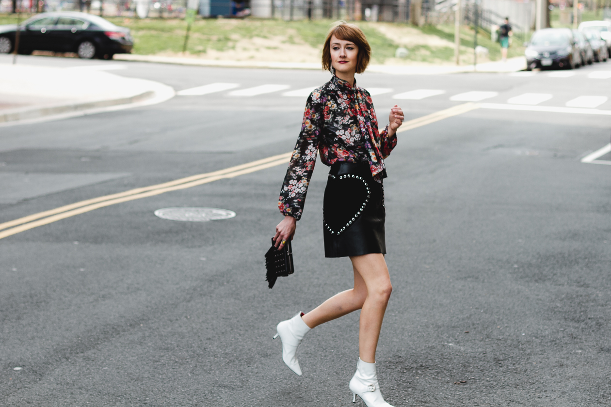 vintage blouse and Maje leather skirt