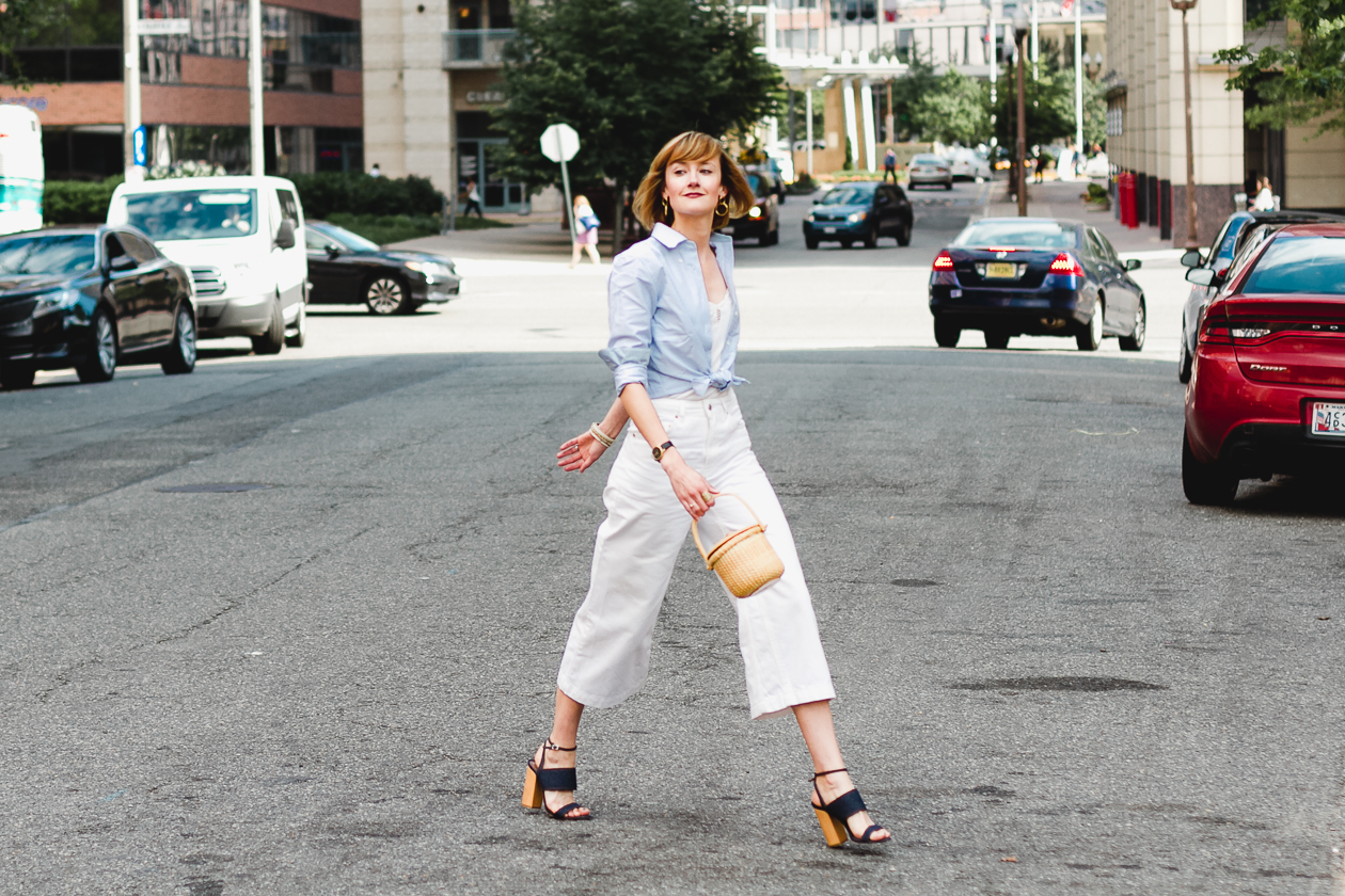 Brooks Brothers oxford and Topshop white jeans