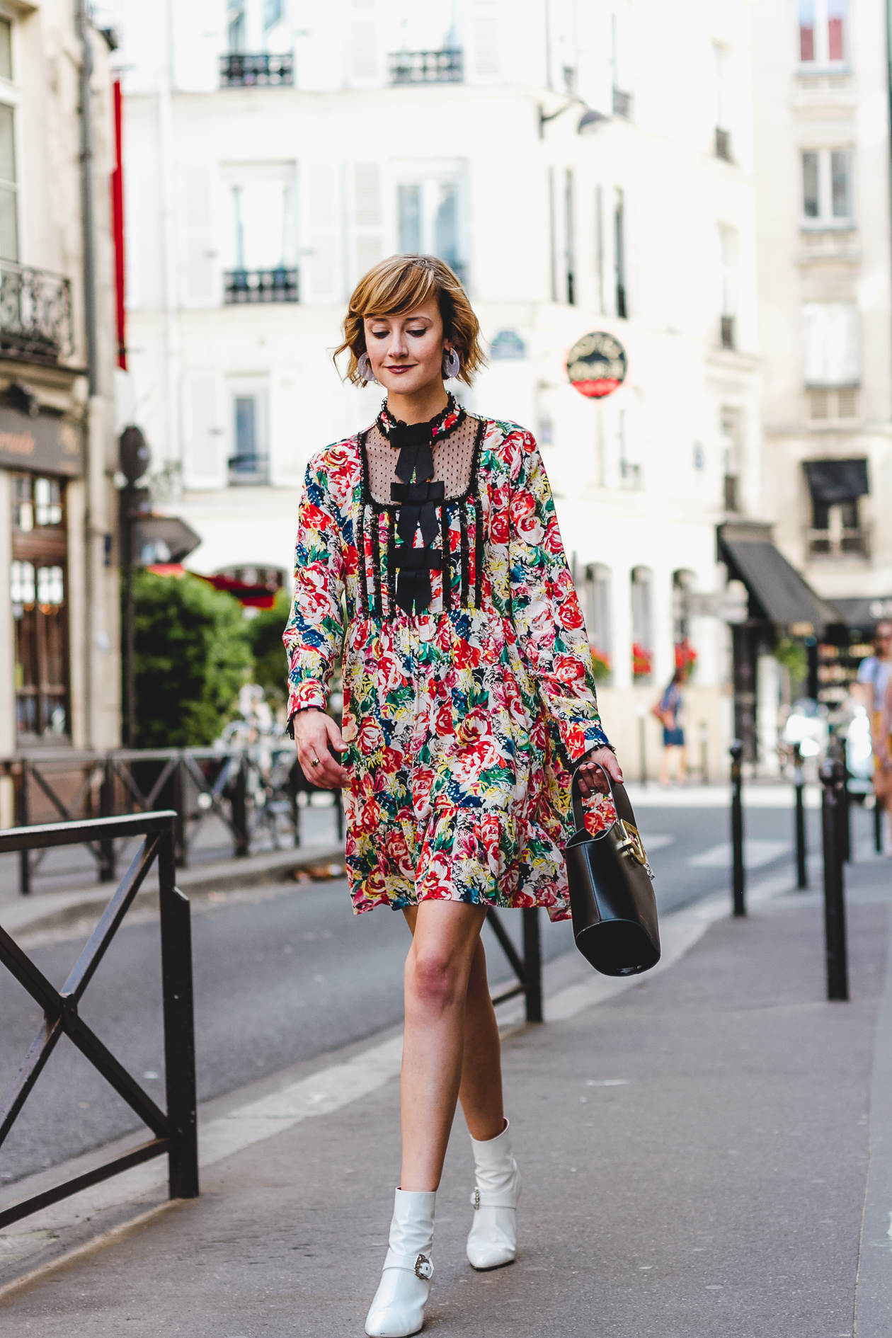 Ganni floral dress and Dorateymur boots