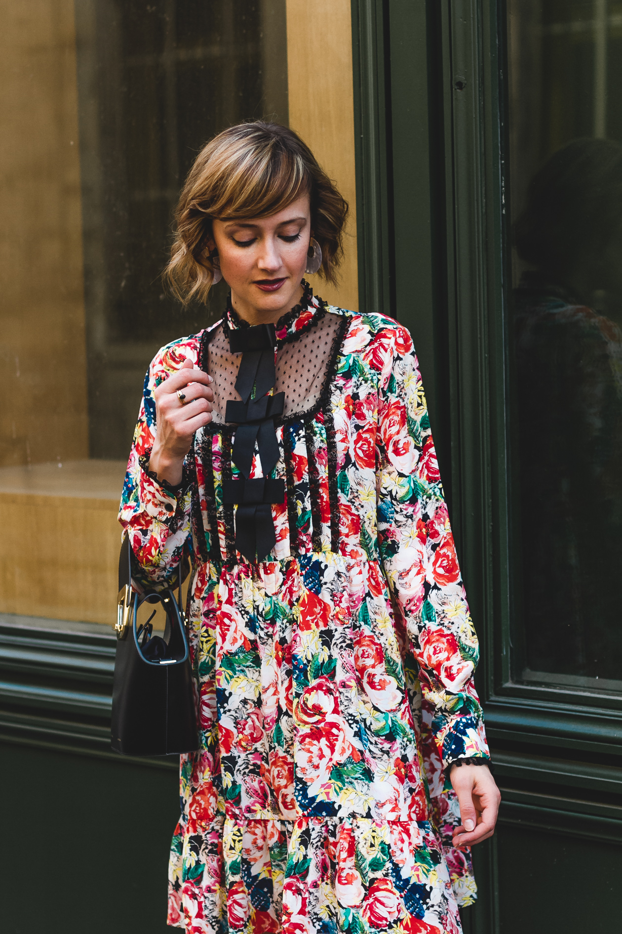 Ganni floral dress and Danse Lente bag