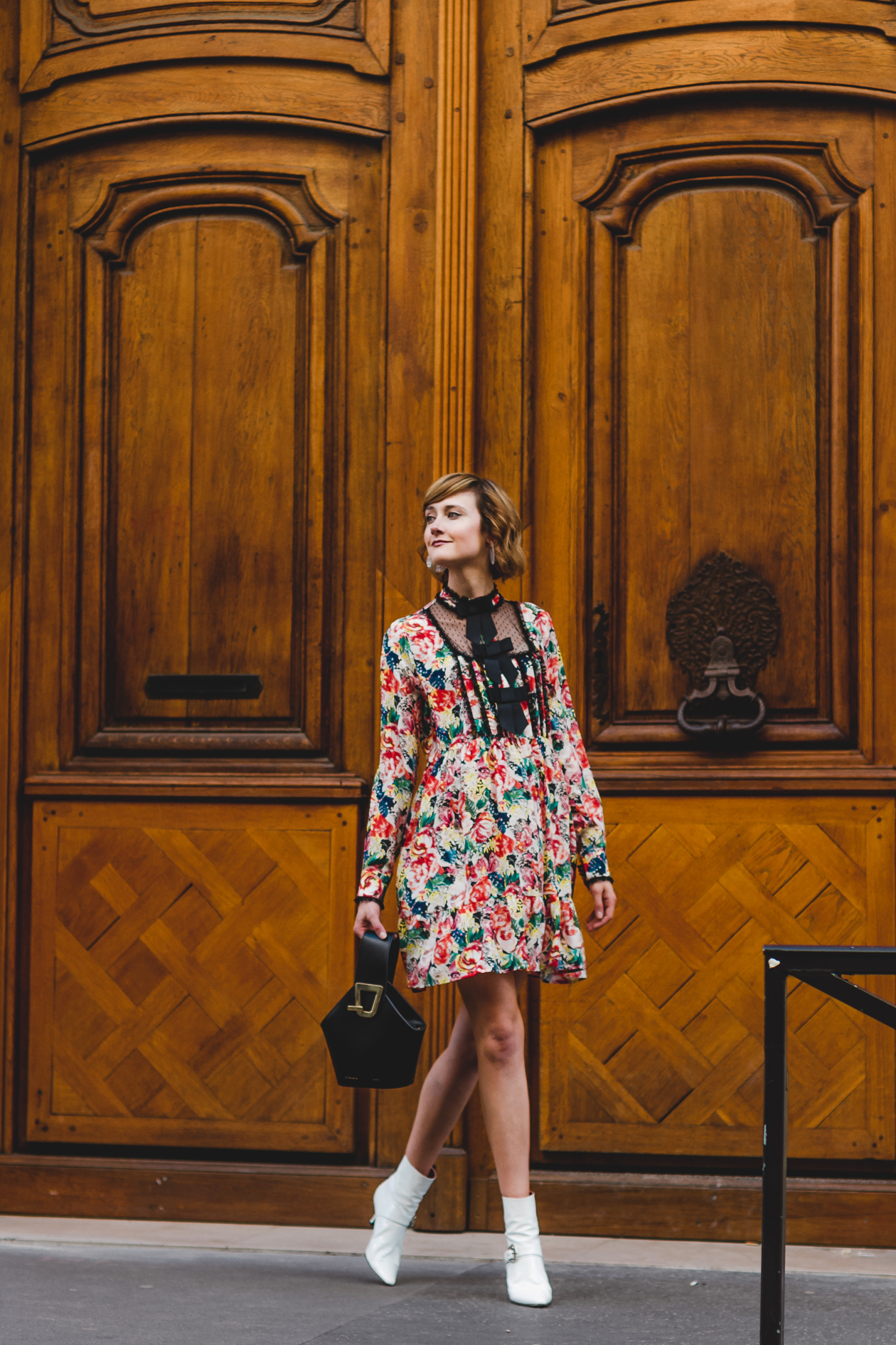 Ganni floral dress and Dorateymur boots