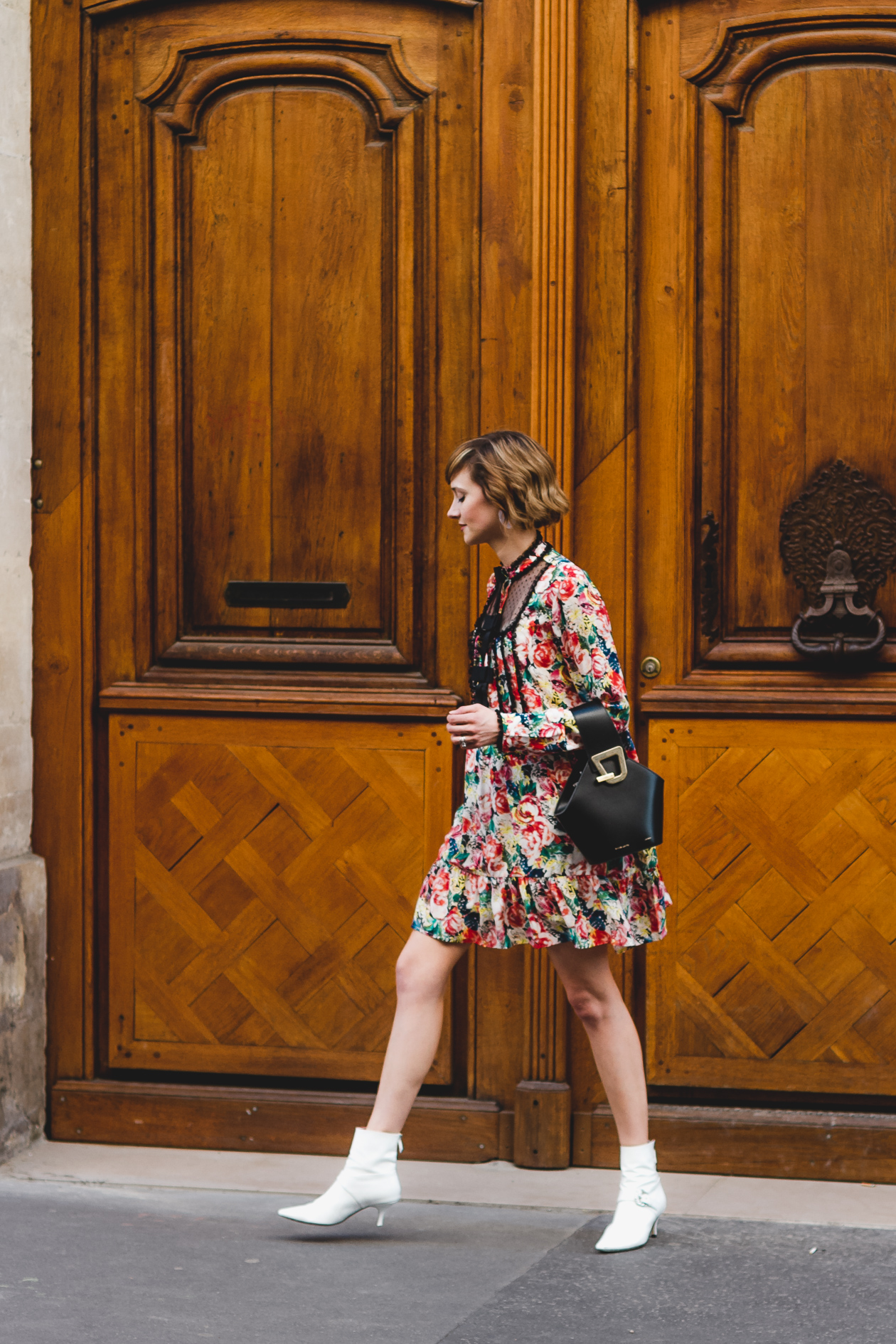 Ganni floral dress and Dorateymur boots