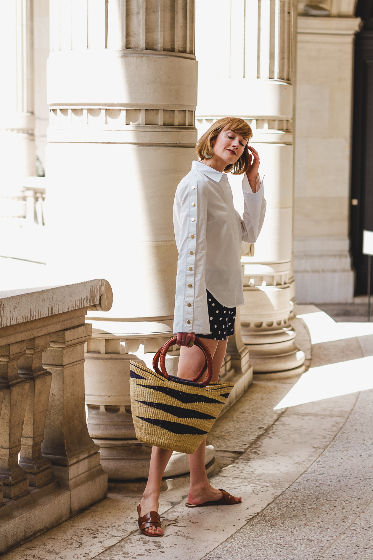 Pixie Market button-down and polka dot shorts