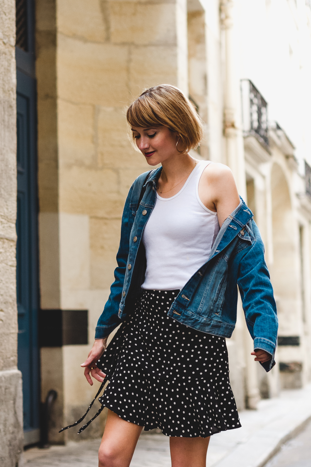 H&M denim jacket and ruffled polka dot skirt