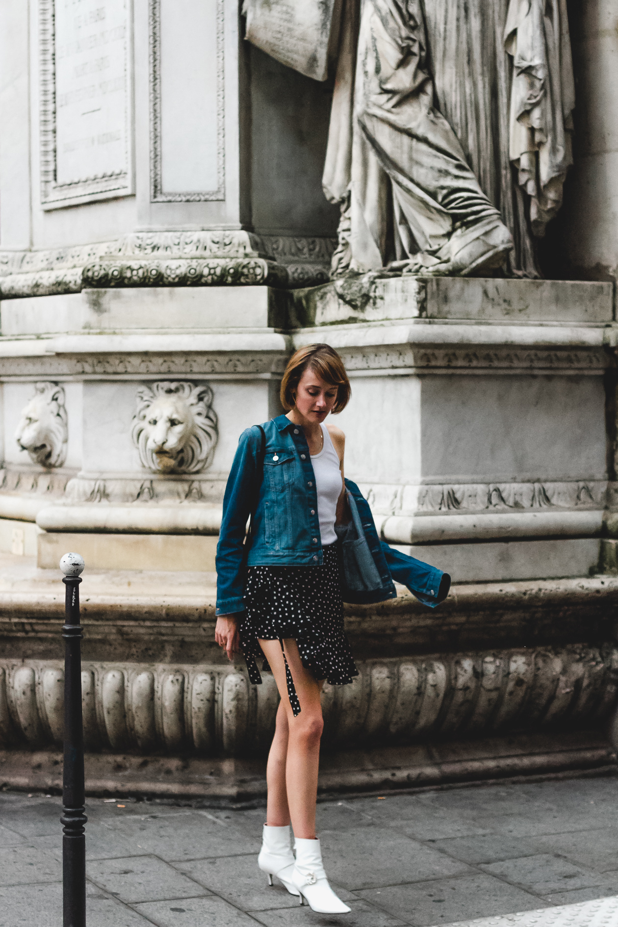 denim jacket and ruffled polka dot skirt