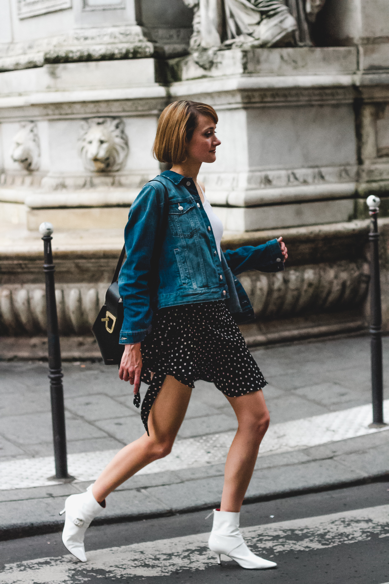 denim jacket, polka dot skirt, Dorateymur boots, and Danse Lente bag