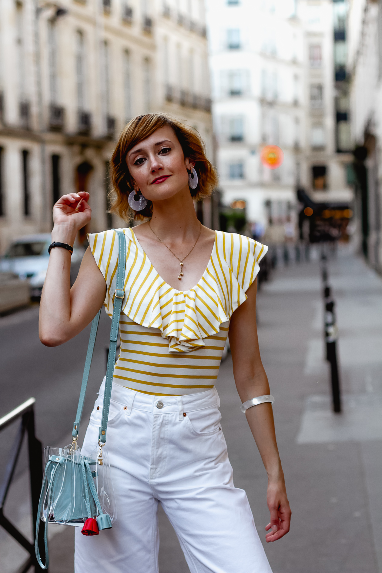 striped bodysuit and Frankie Shop clear bag