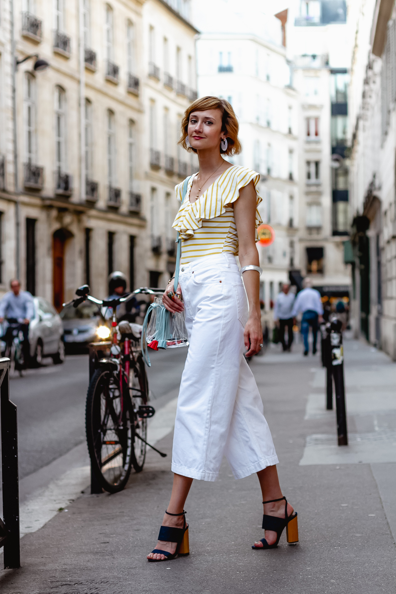 striped bodysuit and Topshop white jeans