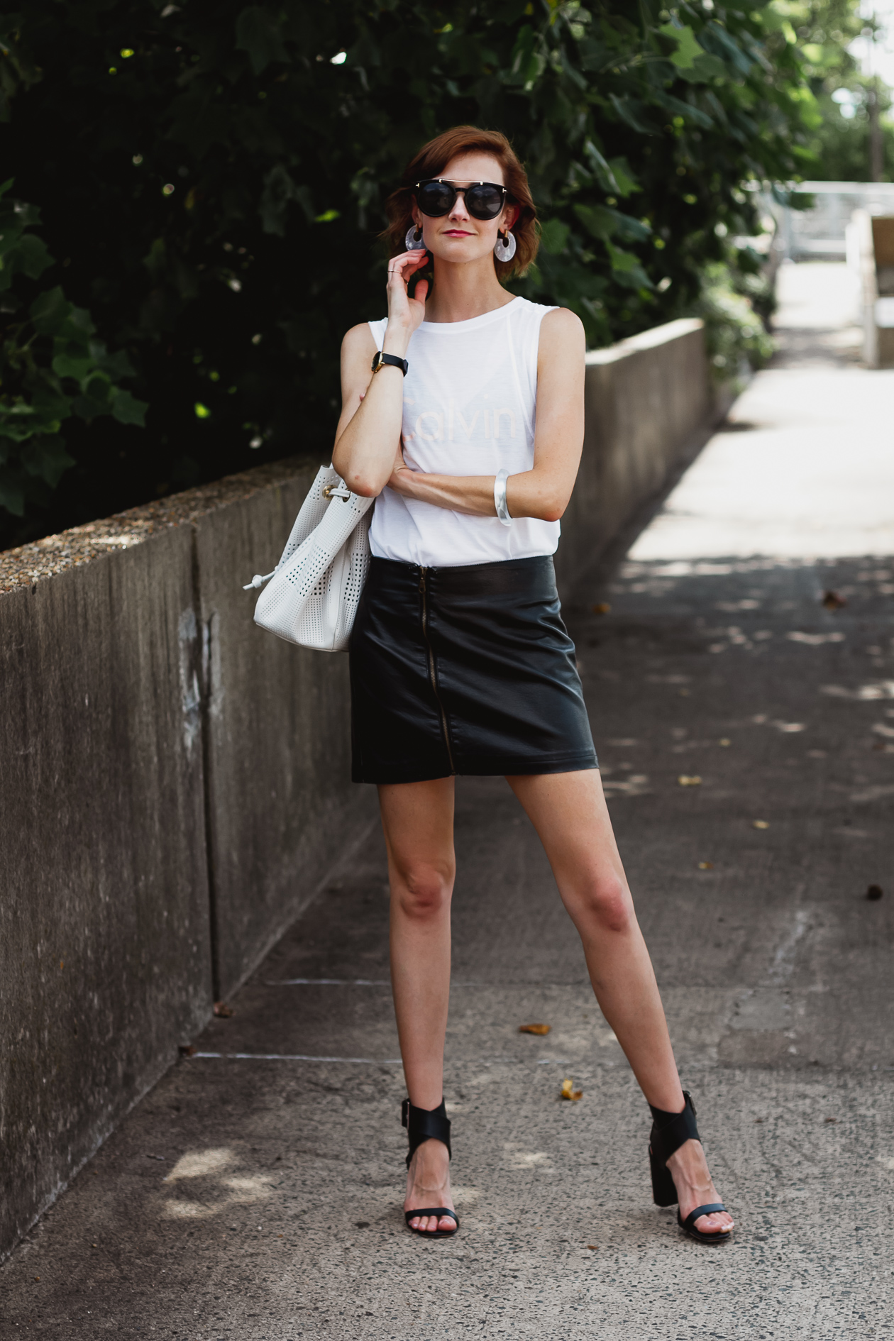 Calvin Klein top and leather skirt