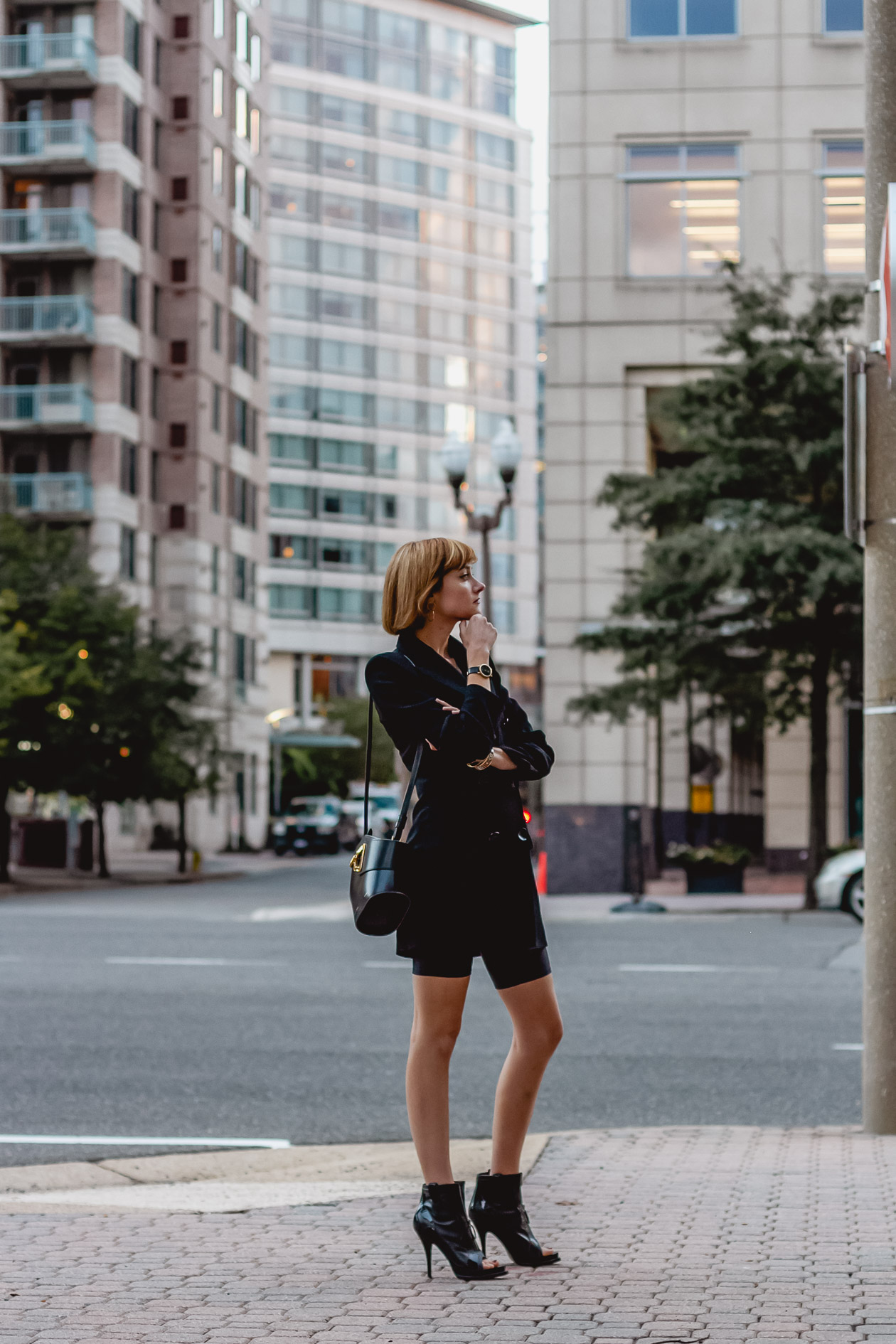 oversized blazer and biker shorts