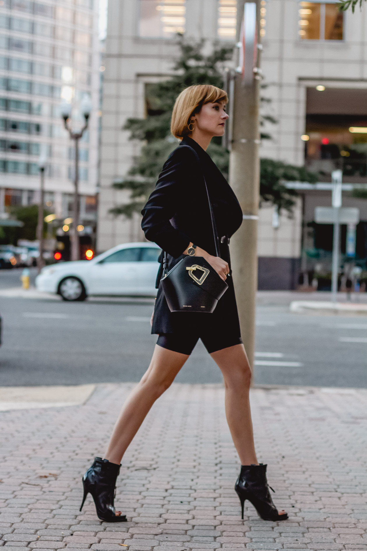 oversized blazer and biker shorts