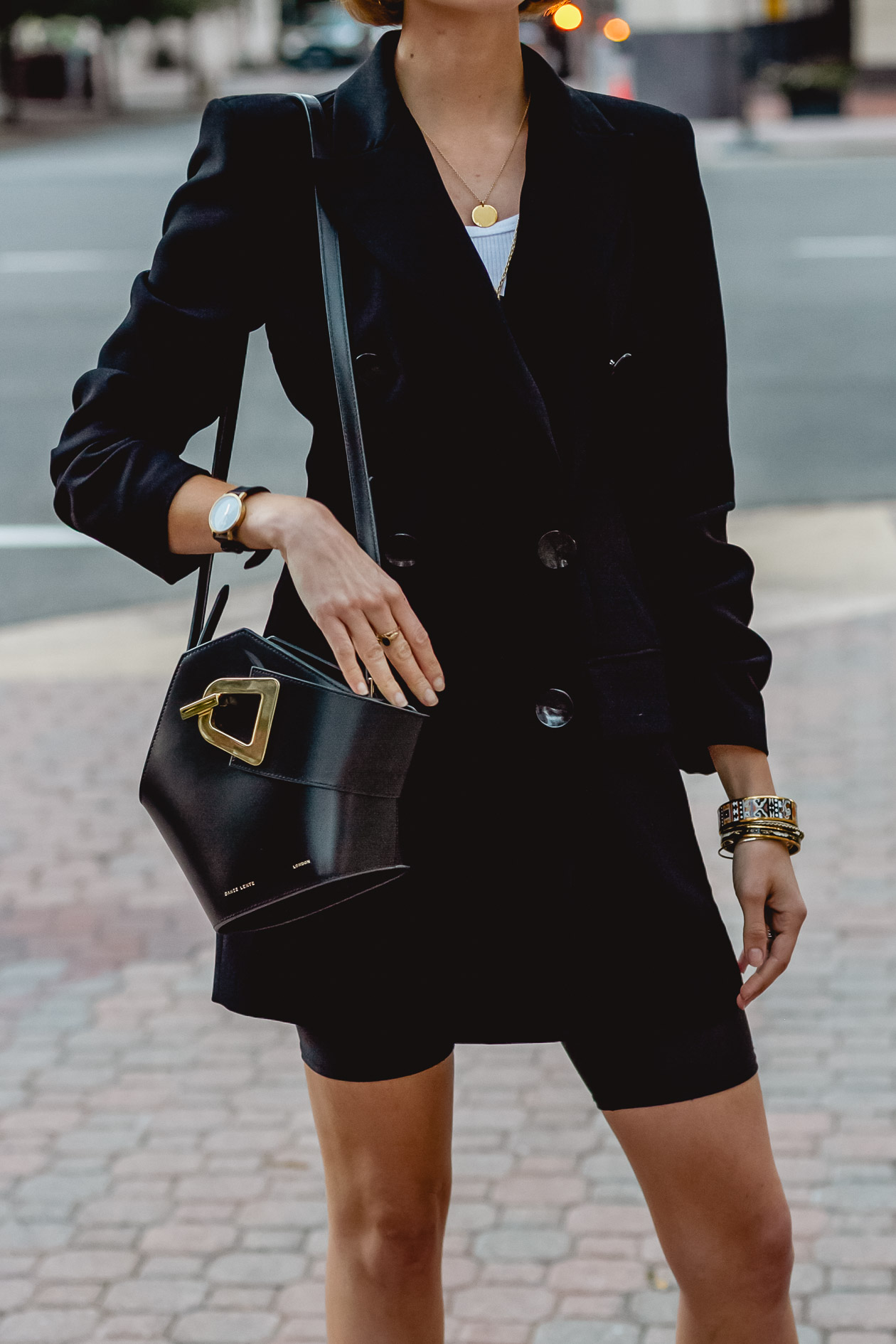 oversized blazer and biker shorts