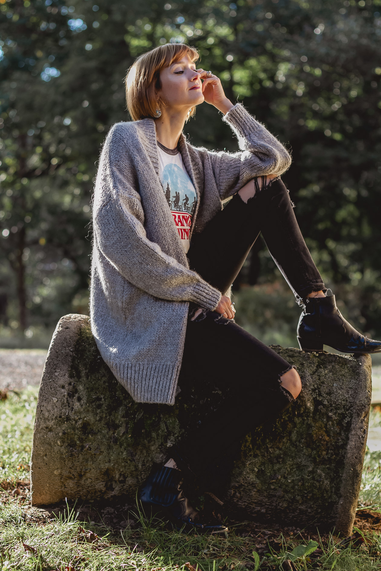 Stranger Things t-shirt and oversized cardigan