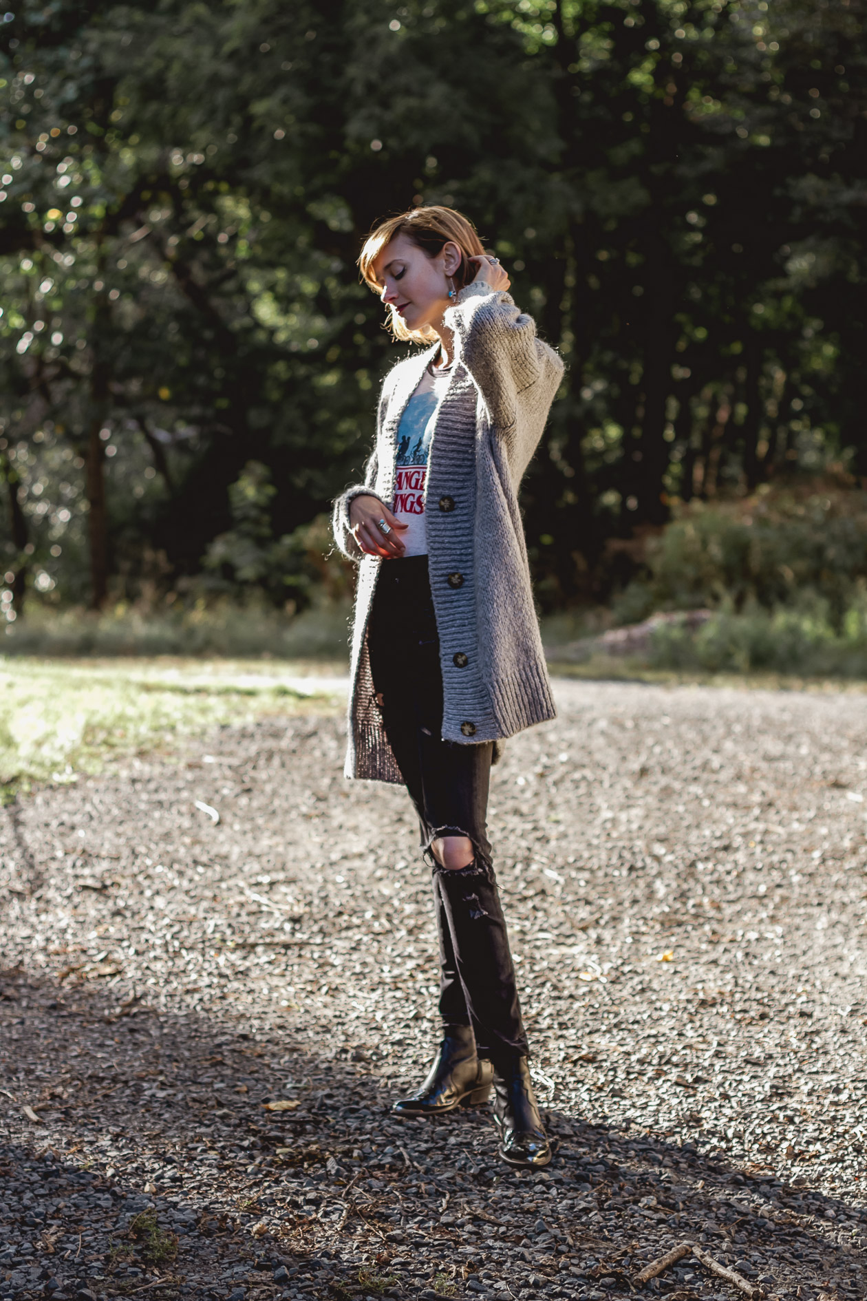 Stranger Things t-shirt and oversized cardigan