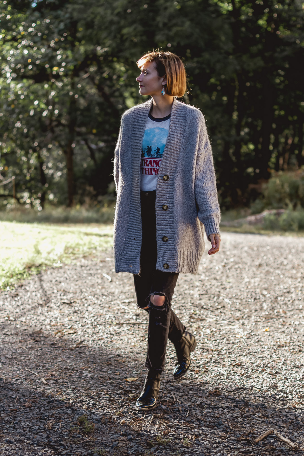 Stranger Things t-shirt and oversized cardigan