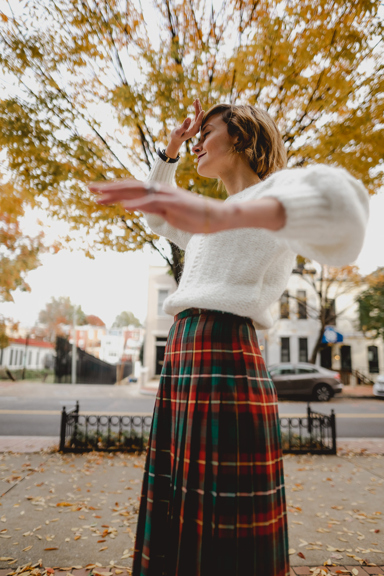 & Other Stories sweater and tartan skirt