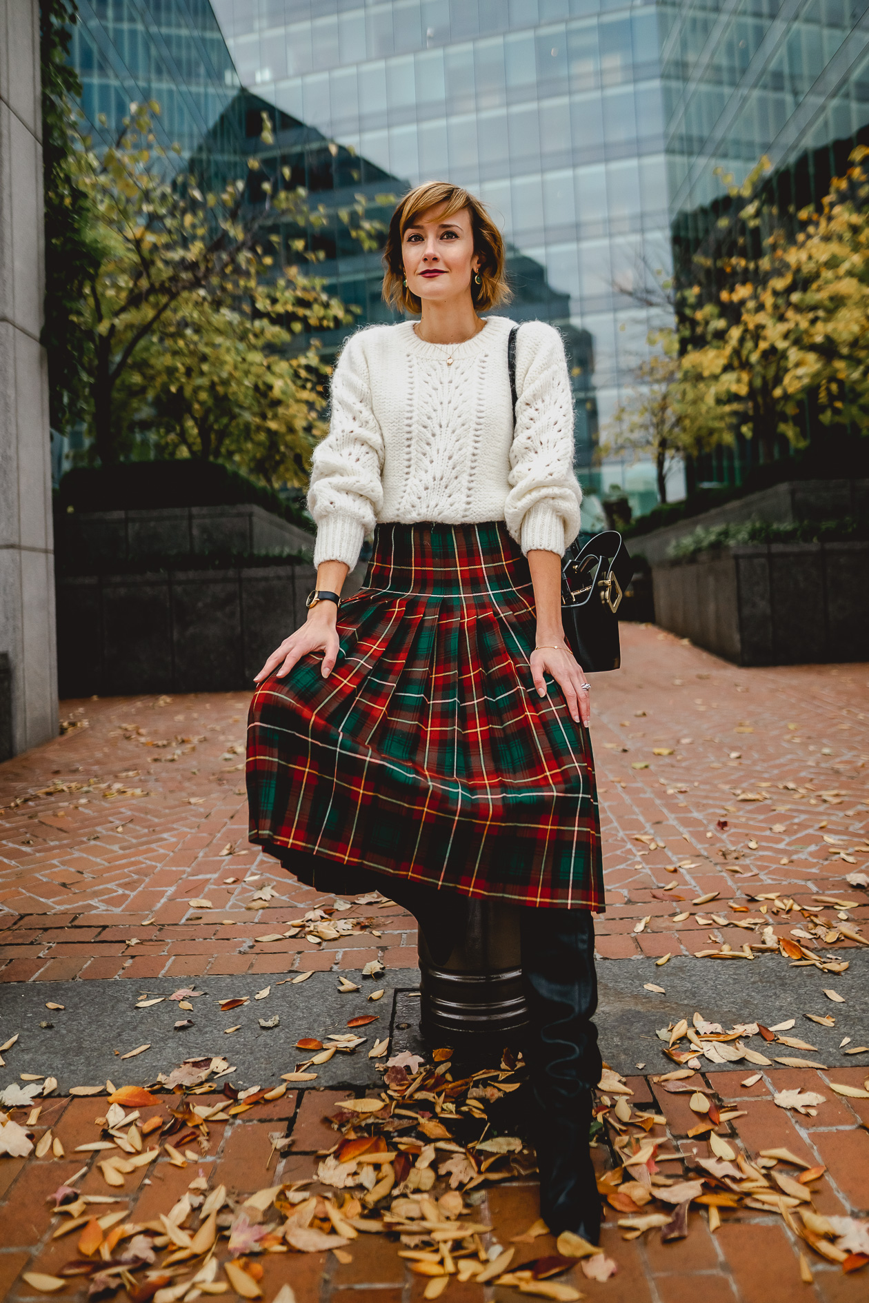 & Other Stories sweater and tartan skirt