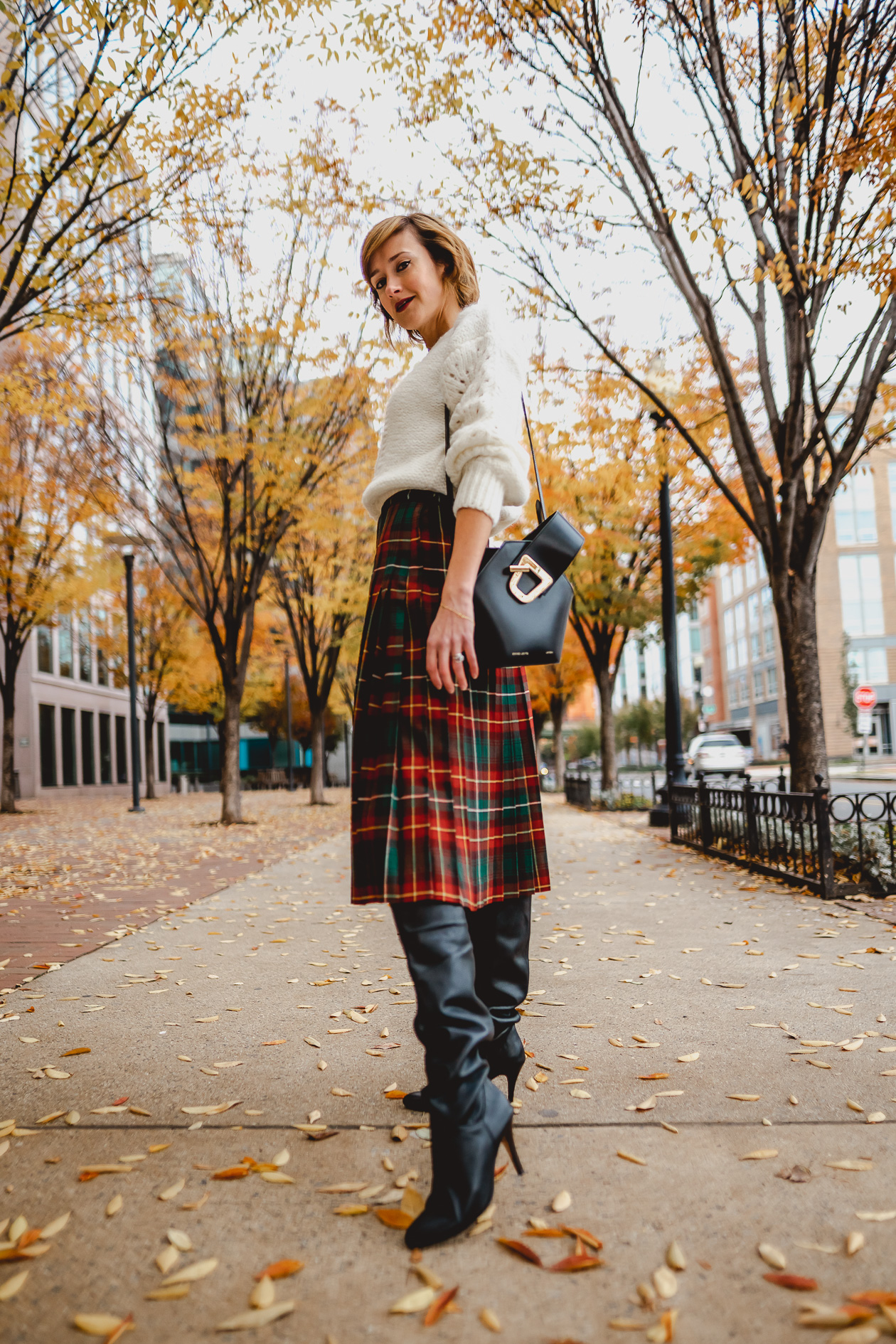 & Other Stories sweater and tartan skirt