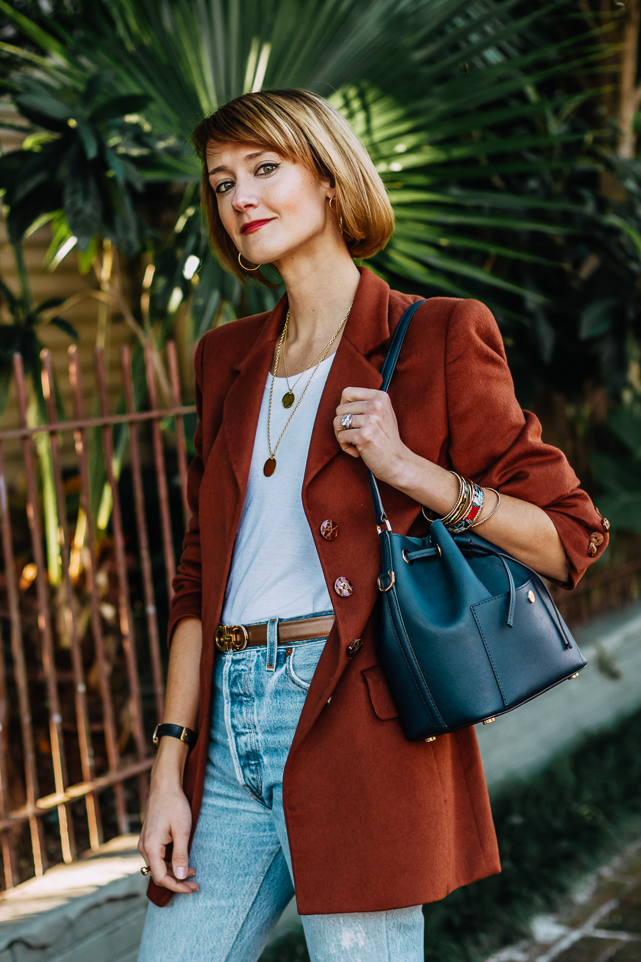 oversized brown blazer and RE/DONE jeans