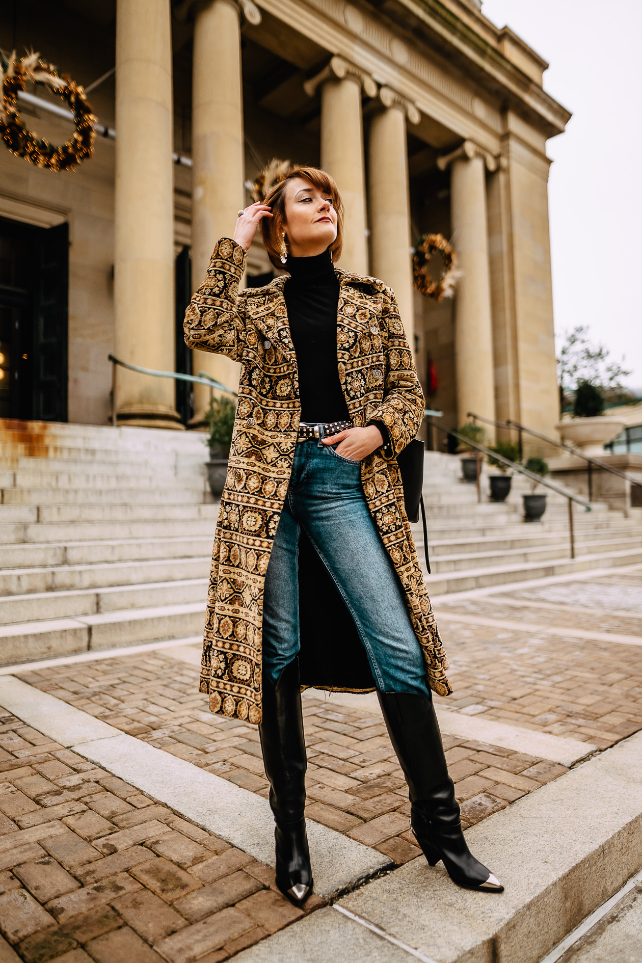 vintage tapestry coat and Isabel Marant boots